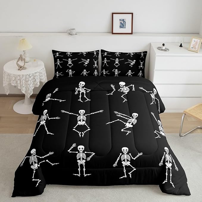 Erosebridal Sugar Skull Comforter Set Full Size Skeleton Bones Bedding Set for Kids Boys Girls Teens Adult Halloween Horror Theme Down Comforter Gothic Spooky Duvet Sets with 2 Pillow Cases