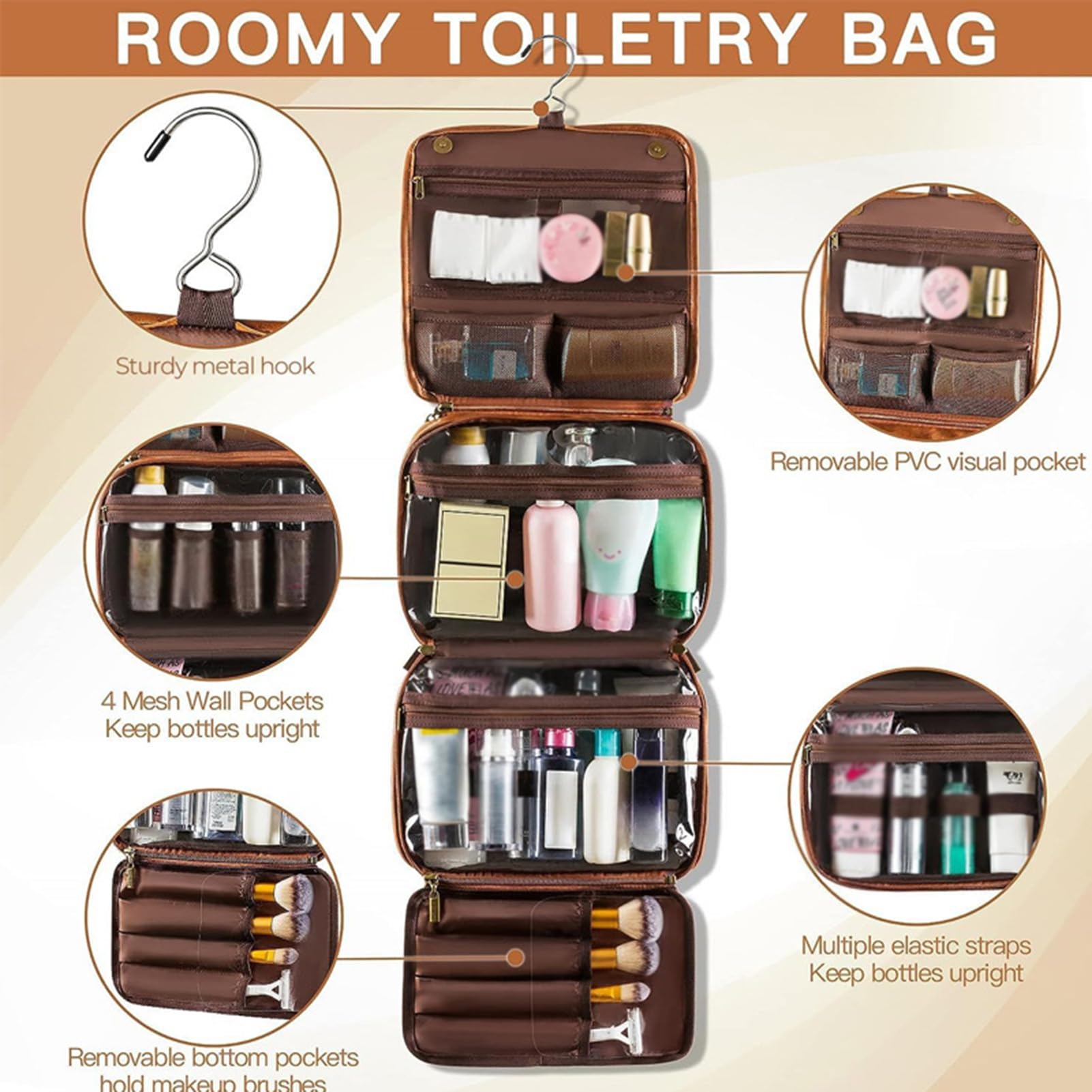 Neceser Colgante Bolsa Organizadora Maquillaje para Viajes Neceser Bolsa Maquillaje Multifuncional Compacta Soporte para Cepillo Dientes Y Gancho Colgar
