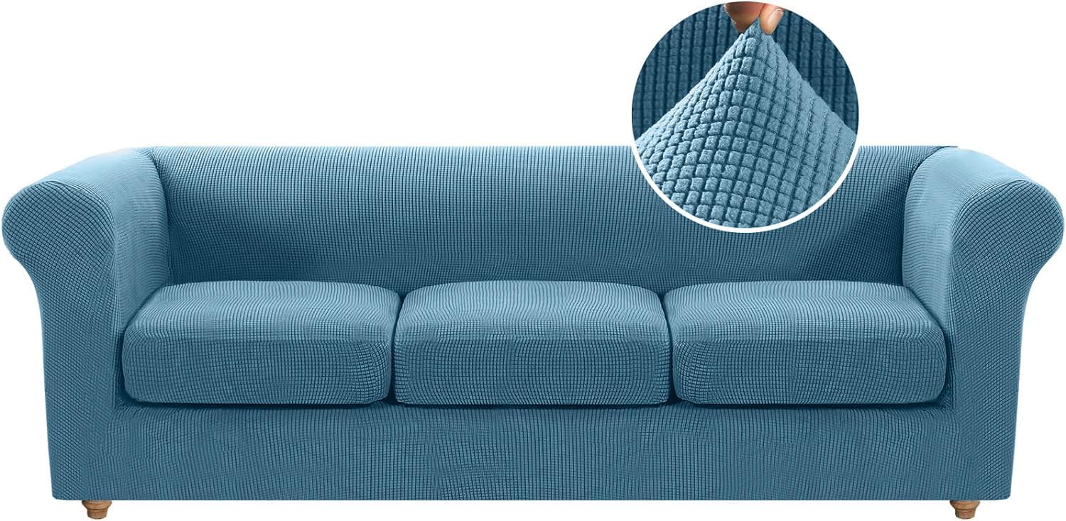 Dusty Blue Stretch Chesterfield Sofa Cover for 3-Seater, Non-Slip Spandex Slipcovers with 3 Cushion Covers, Furniture Protector for Living Room Décor