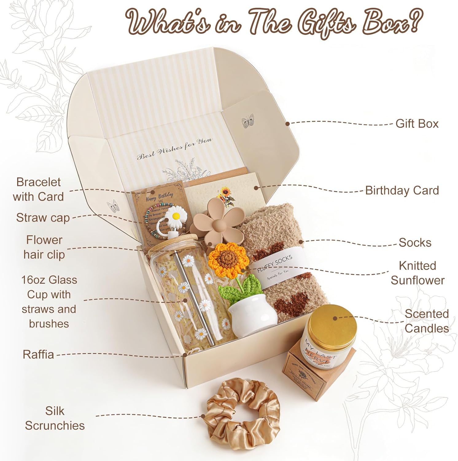 Birthday Gifts for Women, Teen Girls, Her, Unique Happy Birthday Gift Baskets for Best Friend Sister Daughter, Women Christmas Gifts Box for Girls Wife Girlfriends, 10pcs Cute Daisy Gift Set(Brown) - Image 2