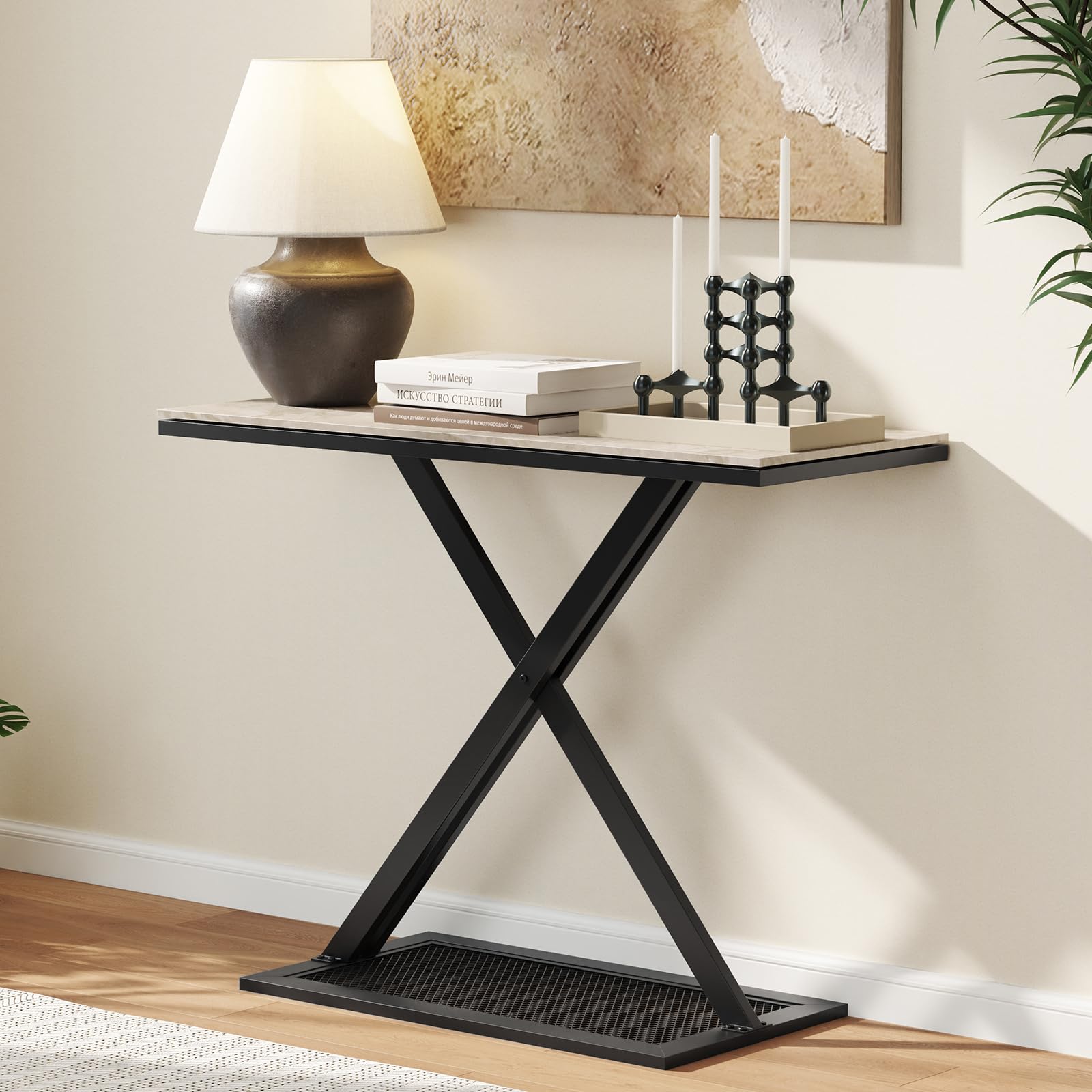 COSTWAY Mesa Consola con Encimera de Mármol, Mesita de Entrada con Marco Metálico, Mesa para Recibidor con Almohadillas Ajustables para Salón, Pasillo, Recibidor, 100 x 40 x 77,5 cm