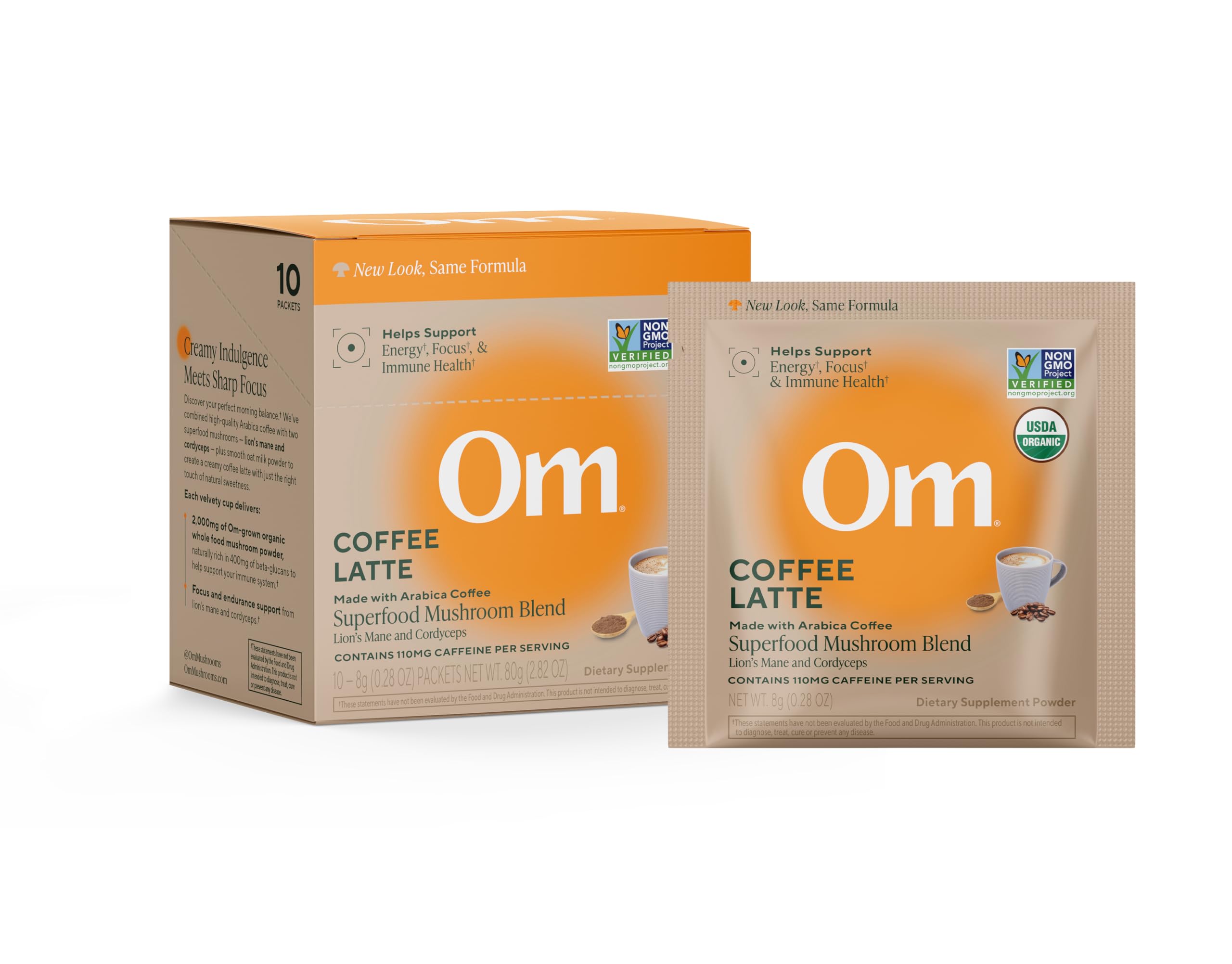 OM MUSHROOM SUPERFOOD Coffee Latte Blend – Functional Mushroom Powder with Lion’s Mane, Cordyceps, Reishi & Chaga – Energy, Focus & Mental Clarity Support – Single Serve Packets (10 Count)