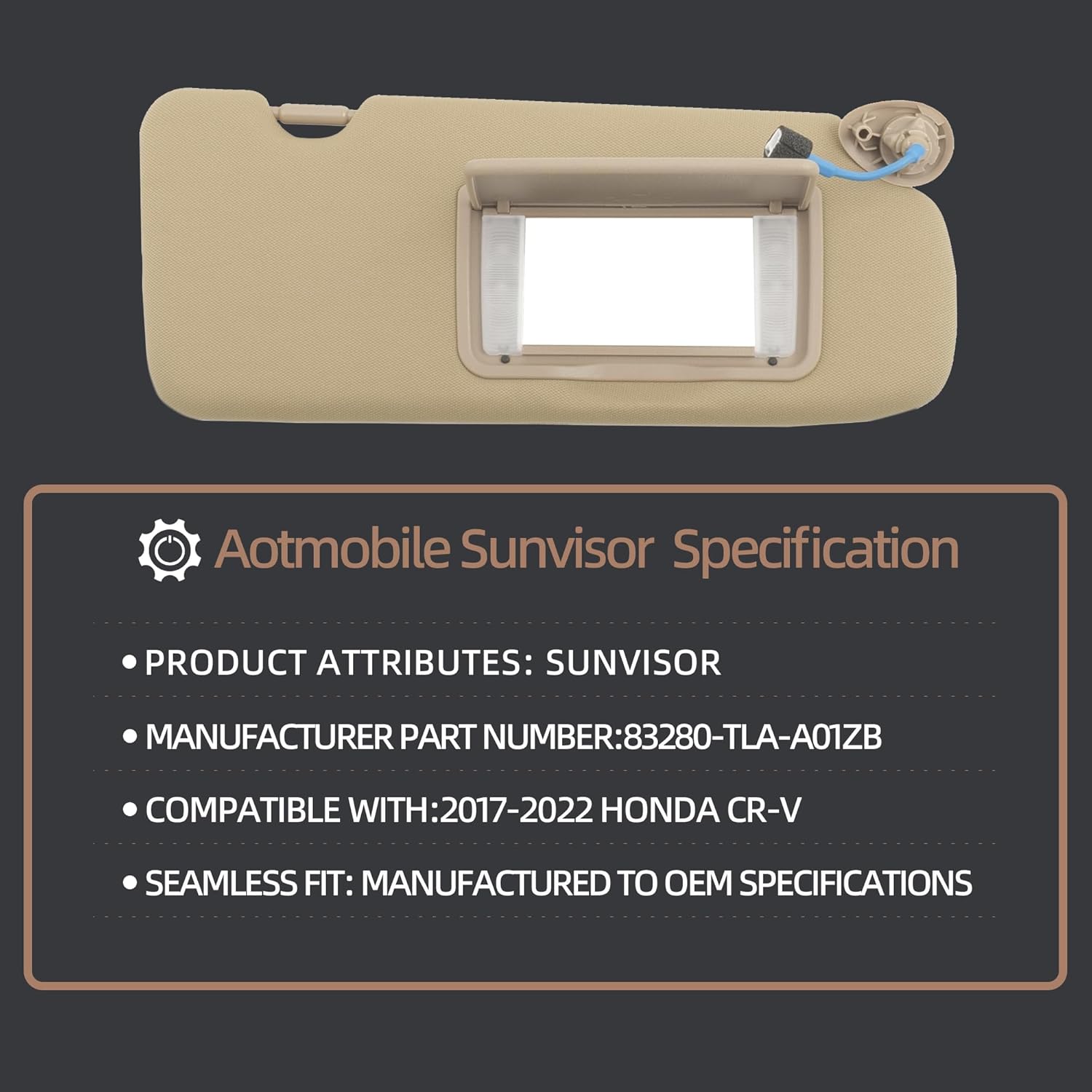 83230-TLA-A61ZA Passenger Beige Cashmere Ivory Sunvisor Assembly with Dual Mirror Light Compatible with 2017-2022 Honda CR-V CRV 83230TLAA61ZA