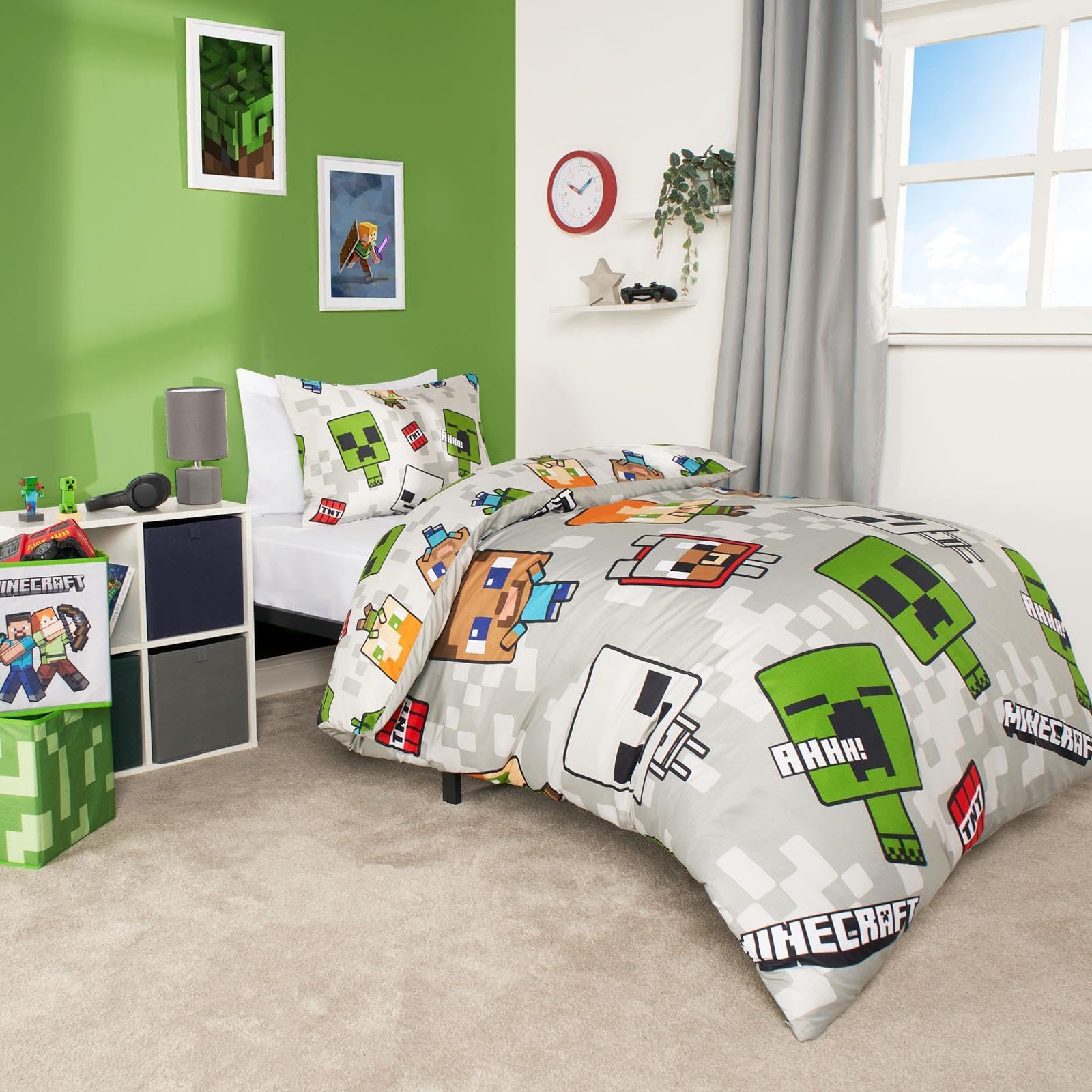 Minecraft Duvet Set Single, Minecraft Bedroom Accessories Boys Duvet Sets for Single Bed Minecraft Bedding Duvet Reversible Characters Minecraft Gifts, Grey