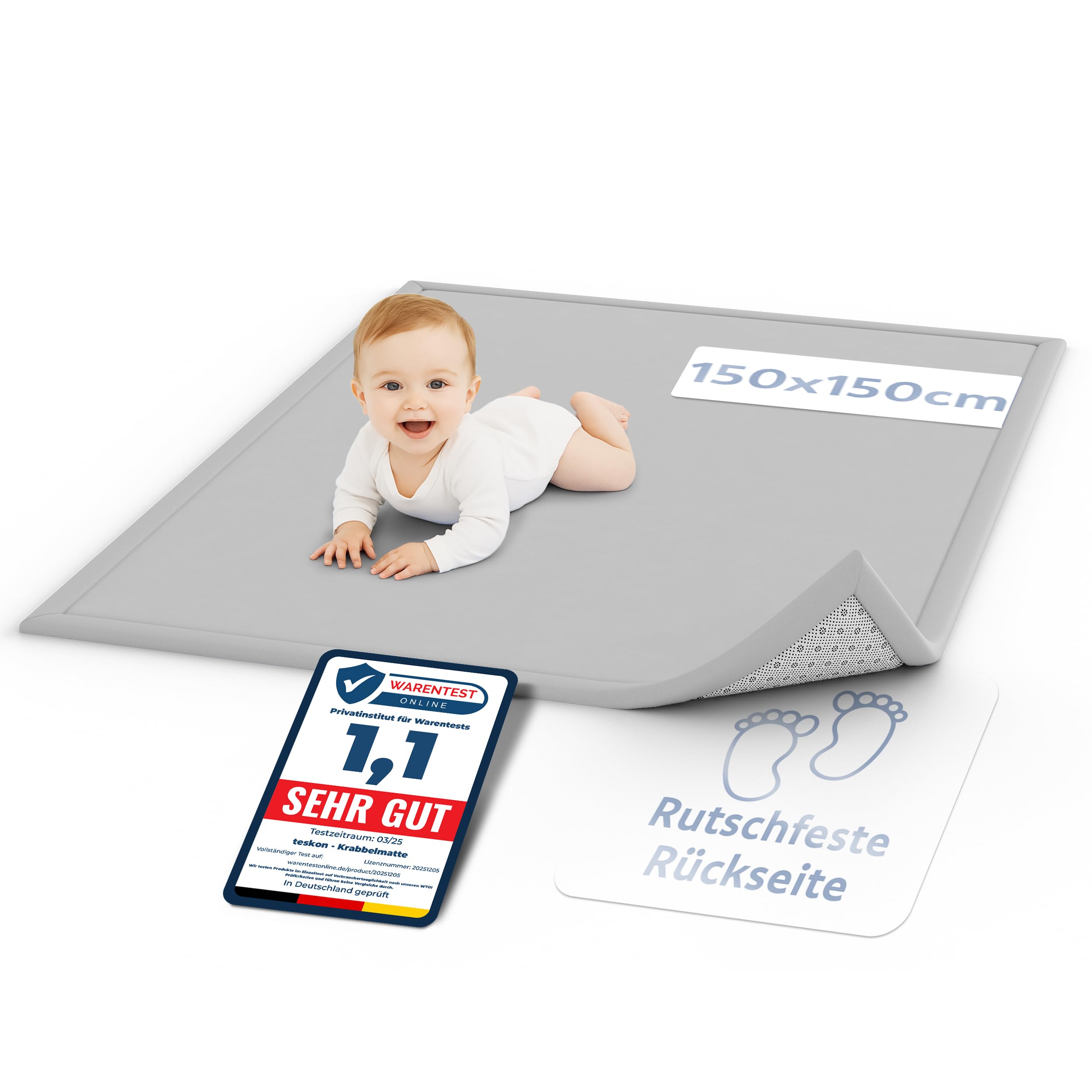 seidenweiche Krabbelmatte Baby Spielmatte Kinder 150x150x3cm grau | 3 cm dick, Premium Memory-Schaum, rutschfeste Unterseite, Geräuschhemmend, sicher und gemütlich fürs Krabbeln und Spielen
