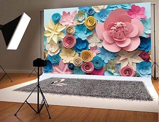 Colorful Flowers Paper Wall Photography Background Lovely Style Champagne Blue Pink Blossoming Flower Backdrops Portraits Shooting Video Studio Props (8x6FT)