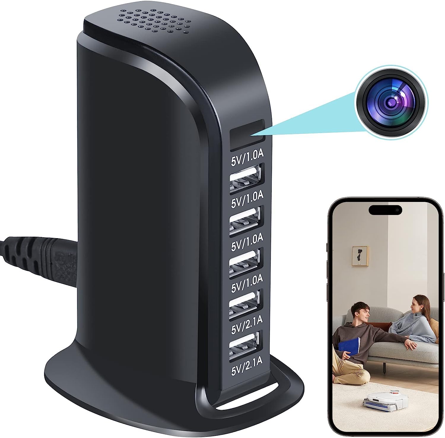 4K Caricatore USB WiFi HD 1080P Nascosta Migliorata Telecamera Spy a 5 Porte, Presa Senza Fili, Mini Telecamera di Sorveglianza Domestica con Motion Detection Telecomando