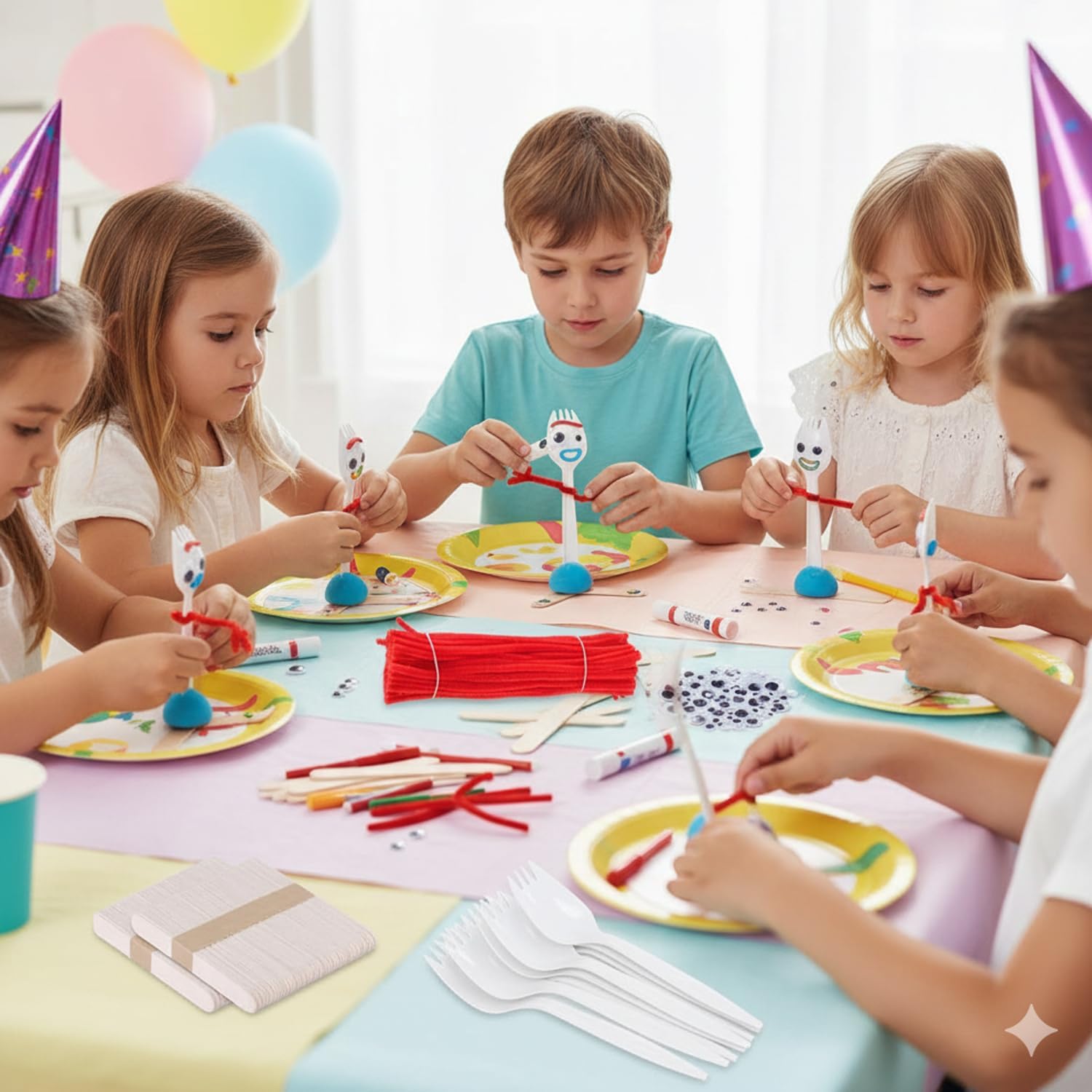 100 Set Fork Creativity Set, Air Dry Clay Plastic Sporks Red Pipe Cleaners Clever Eyes Popsicle Stick,Make Your own Forky