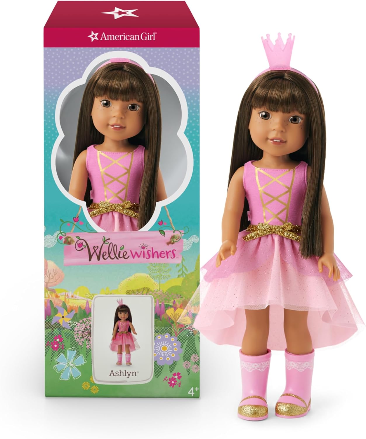 American Girl WellieWishers 14.5-inch Ashlyn Doll with Pink Leotard, Glitter Skirt, Headband, and Boots, For Ages 4+
