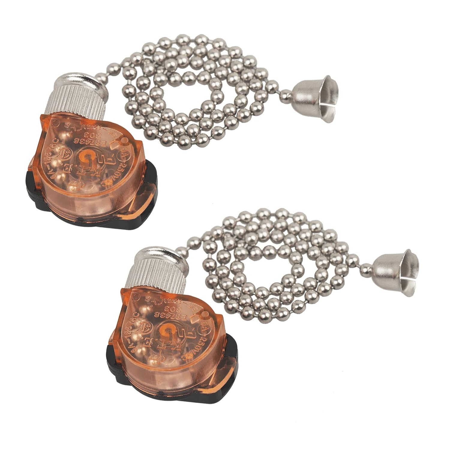 2 Pcs Ceiling Fan Light Switch, E87438 Fan Lamp Switch with 11" Beaded Pull Chain, ON-Off, 6A 125VAC, Electrical Pull Chain Switch for Wall Lamps, Cabinet Light and More