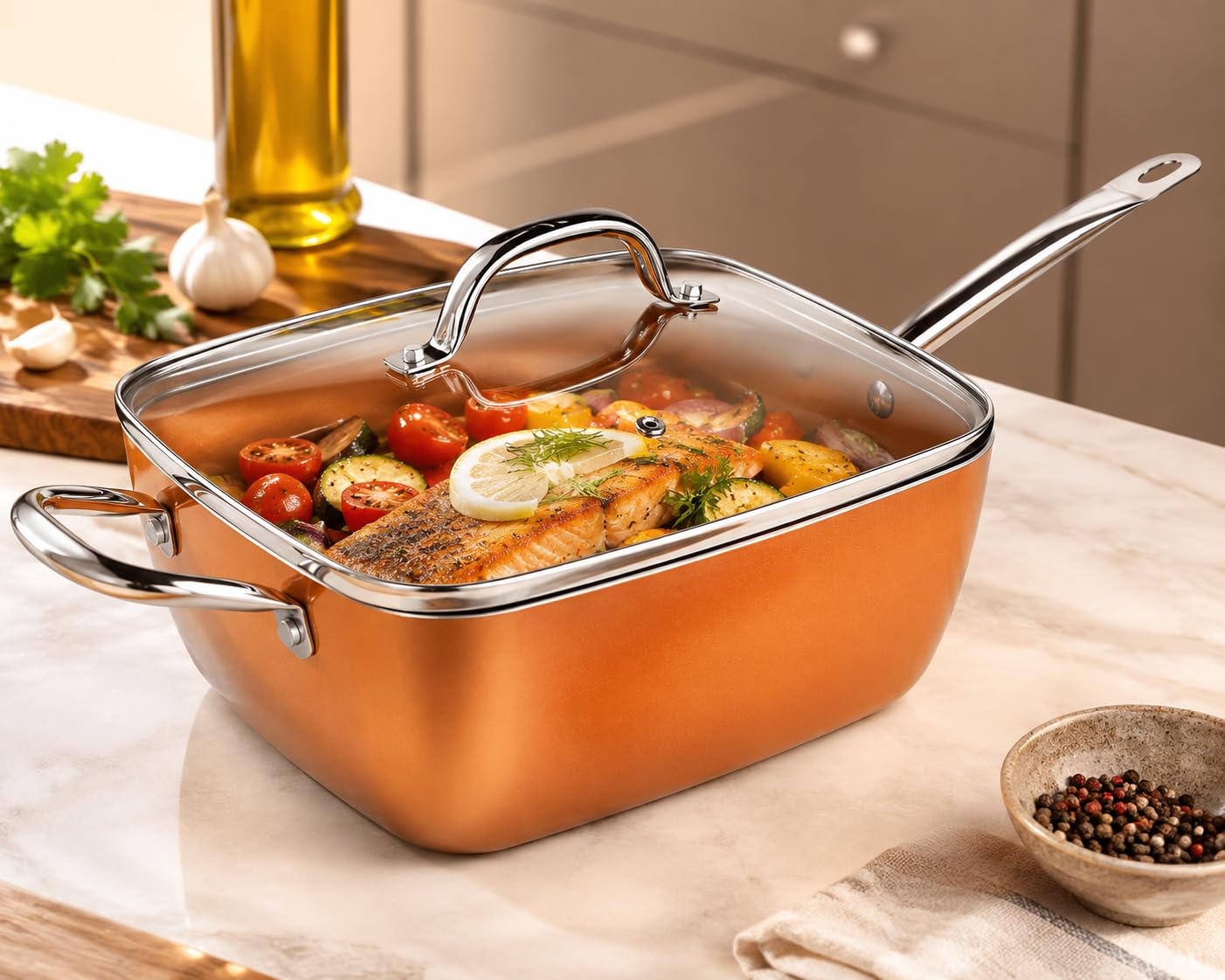 Sartén Cuadrada Antiadherente 24 cm Color Copper con Tapa de Vidrio | Revestimiento cerámico, aluminio 2,5 mm, apta para horno y lavavajillas