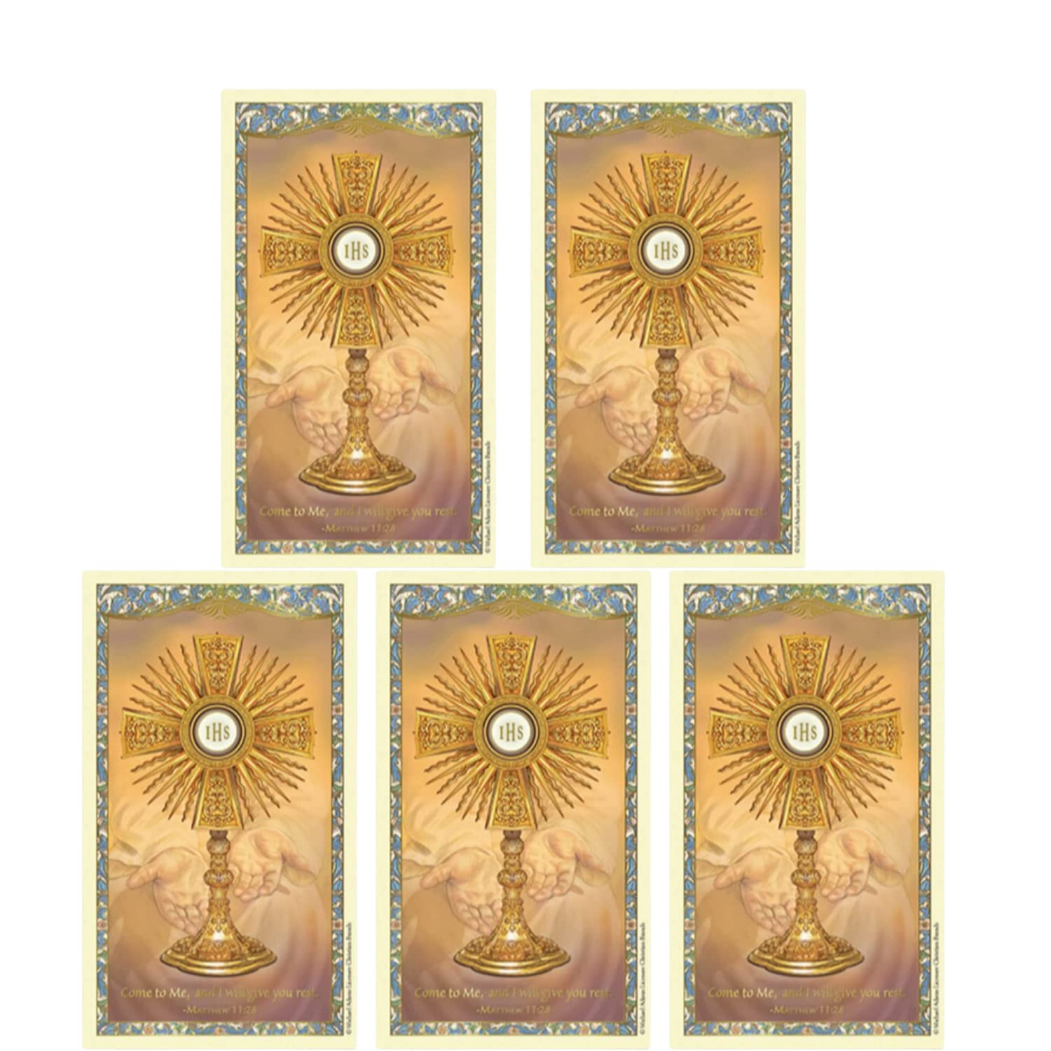 Needzo Adoration of the Blessed Sacrament Laminated Holy Card for Christians, Prayer Gifts, Pack of 5, 2-5/8 x 4-3/8" H