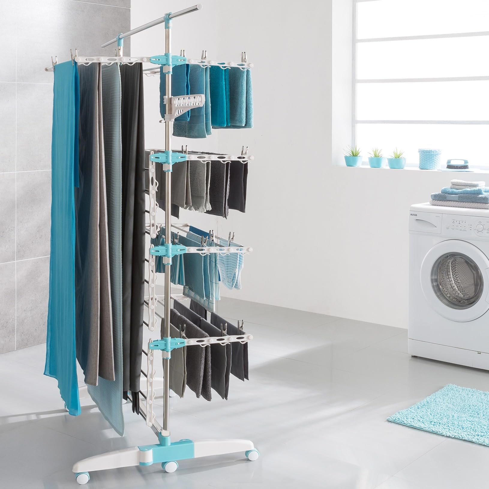 FACILITYS - Étendoir Linge Intérieur - Séchoir à Linge Pliable, 172 x 67 x 168 cm, Étendage 30 m - Pieds Rabattables à 6 roulettes - Étendoir à Linge en Acier Inoxydable - Format Familial