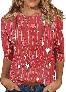 Valentines Shirts for Women 2025 Love Heart Print 3/4 Length Sleeve Crewneck Tops Casual Comfy Pullover Tunic Tshirt