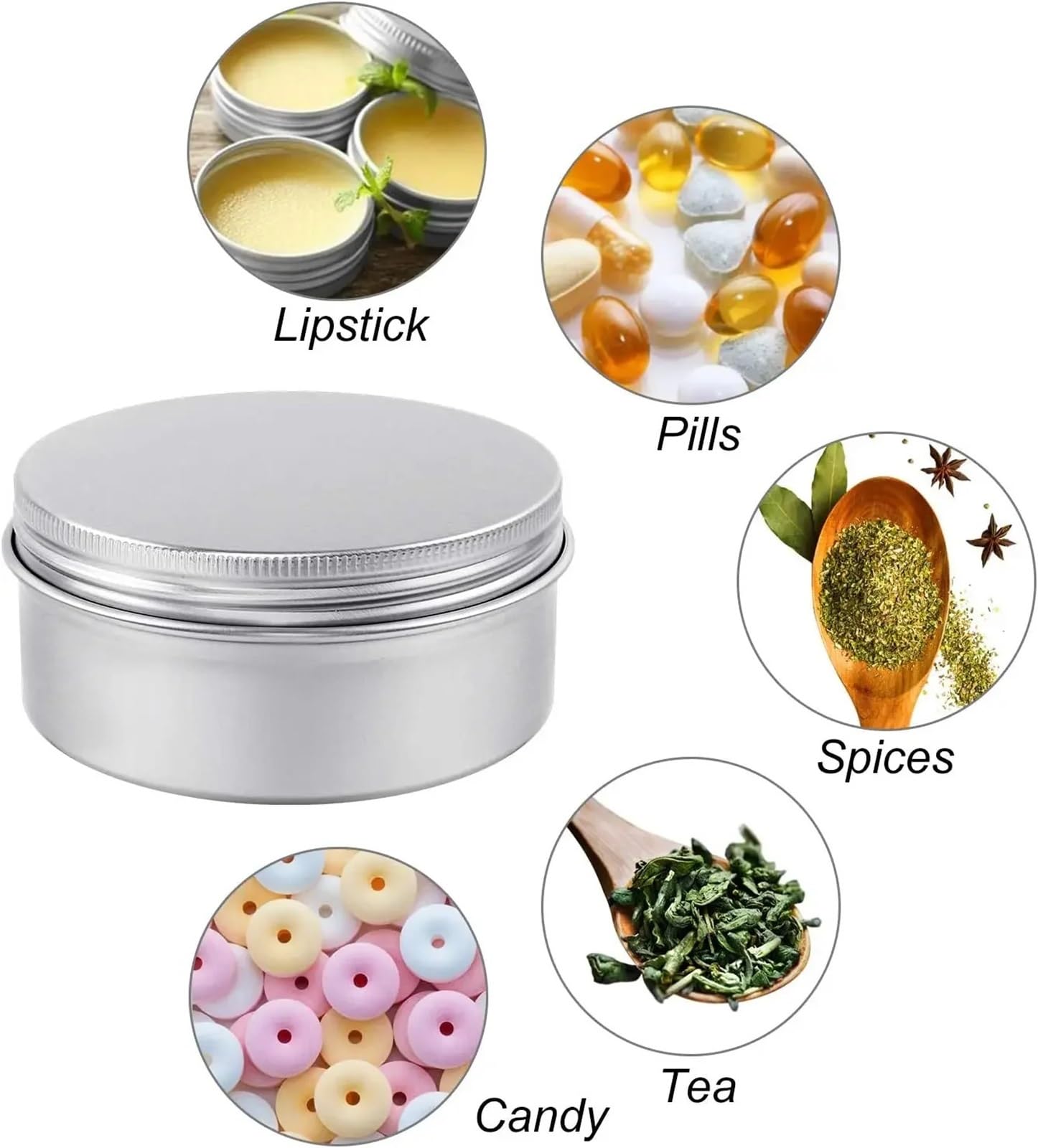 lata de aluminio, Latas con tapa de rosca aluminio, redondas y vacías, 5-60g, plateadas, for Salve, especias, velas, lápiz labial, 10 Uds(10pcs X 60g)