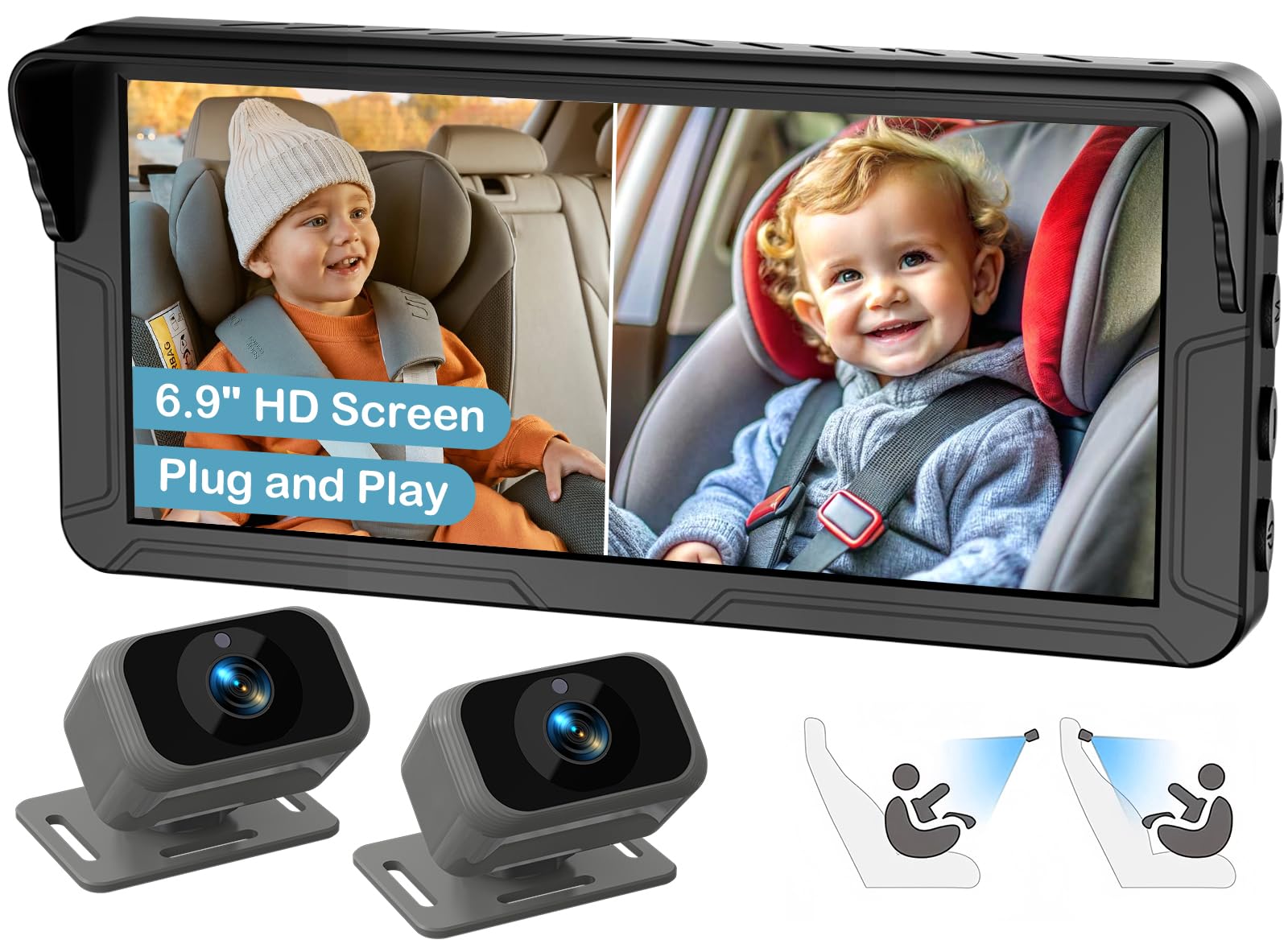 dual baby car camera for 2 kids  69 split screen ultrawide hd display with 2 cameras ir night vision easy installation dual car camera baby monitor for infant amp toddler safety by fodkh