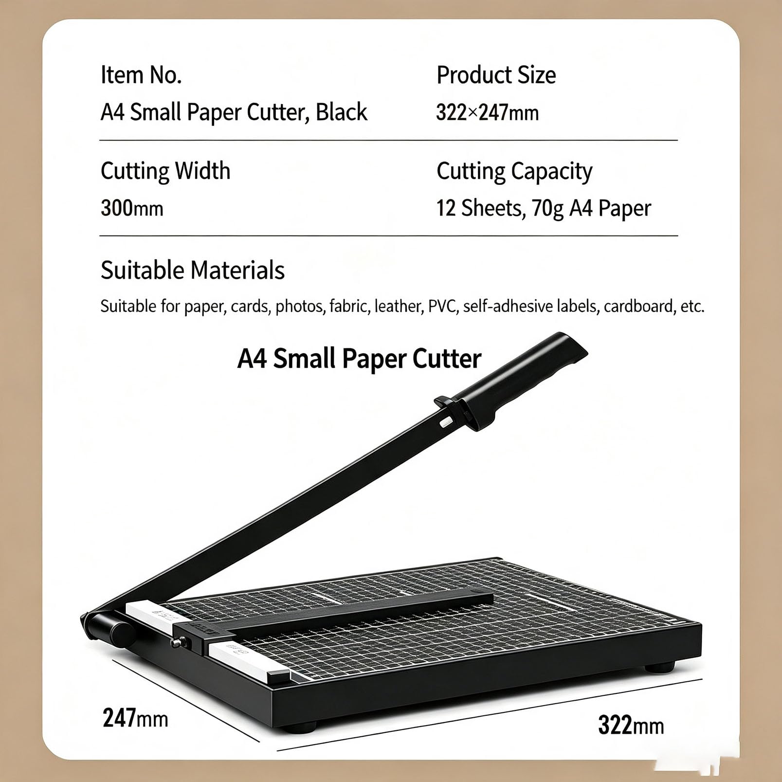 Gilotyna Do Papieru, Gilotyna Do Papieru A4 325X255mm, | Długość Cięcia, Miękka Poręcz Ochronna, Regulowana Prowadnica, Metalowa Podstawa, Pojemność 12 Arkuszy, Krajalnica Do