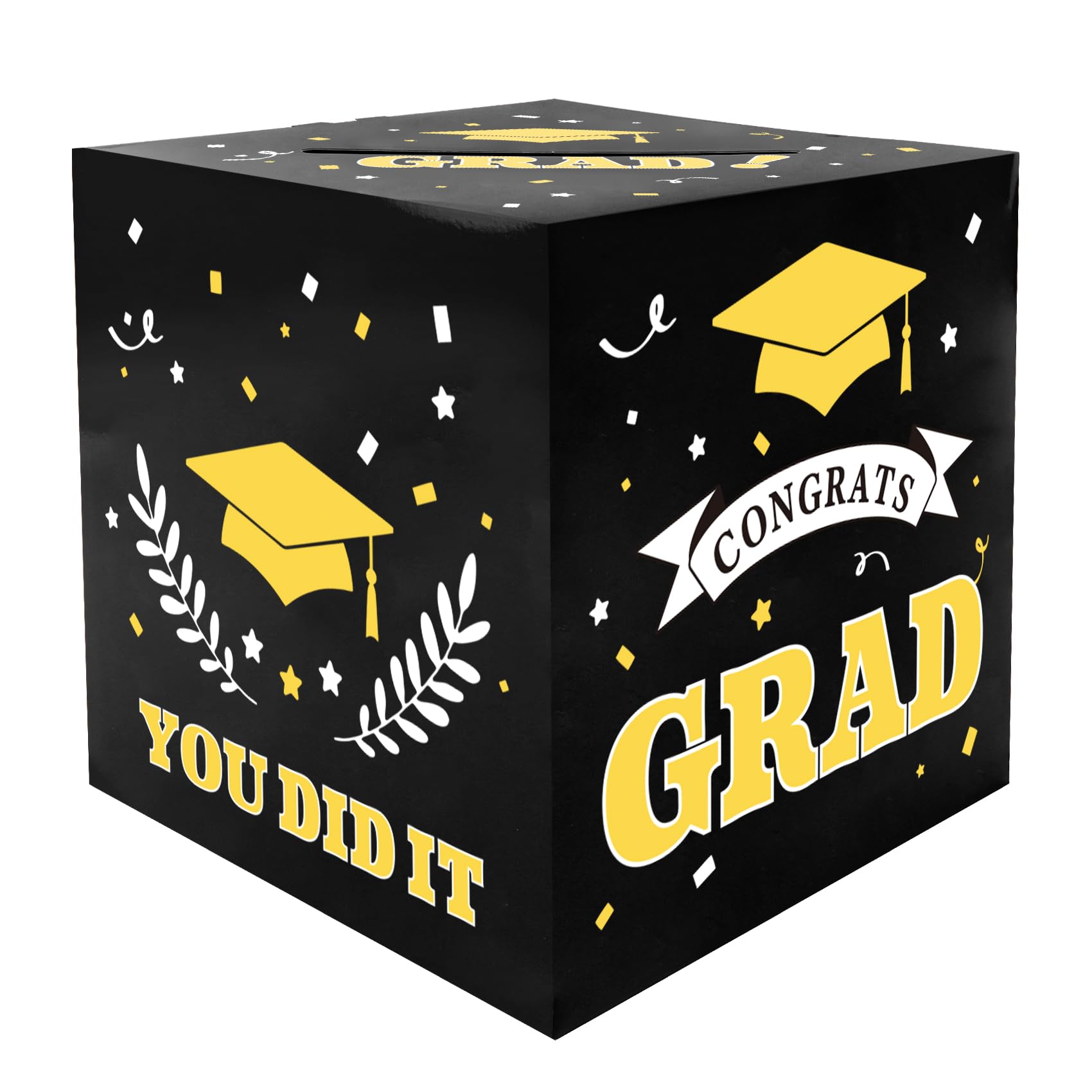 Graduation Card Box, Black Gold, 9 x 9 x 9 Inches, Class of 2025, Party Favors, Money Box, Gift Box, Grad Party Decorations