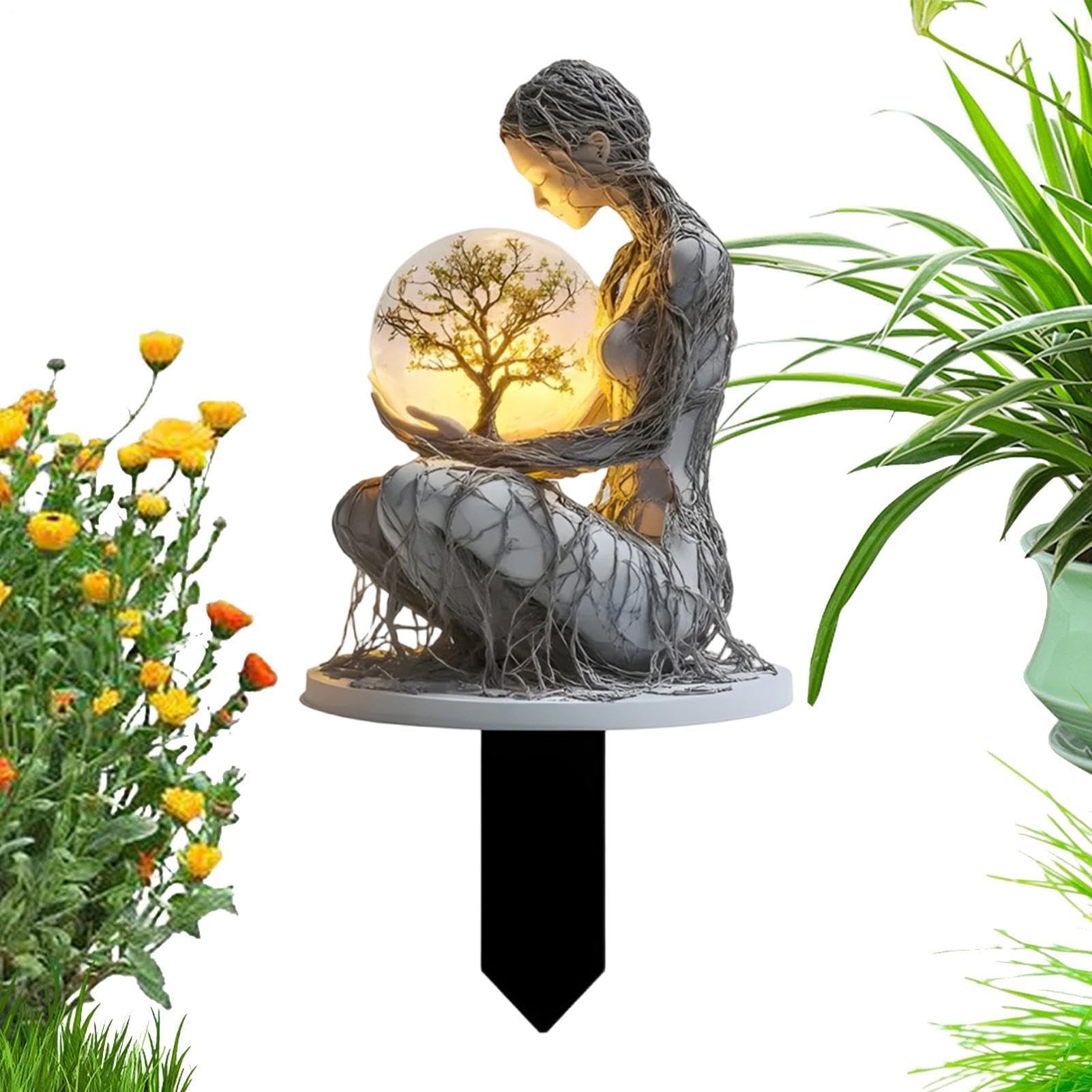 Solar Garden Statues Outdoor Decor - Fairy Moon Figurine Light Stake, Housewarming Ornament for Patio, Lawn, Yard, Pathway - Gift Ideas for Gardening Mom Grandma, Wig Caps, Madea Granny Glasses