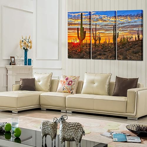 Miniatura 4 de KREATIVE ARTS Lienzo grande de 3 piezas de arte para pared, hermoso paisaje de puesta de sol del parque nacional, Arizona Sonora, cactus del