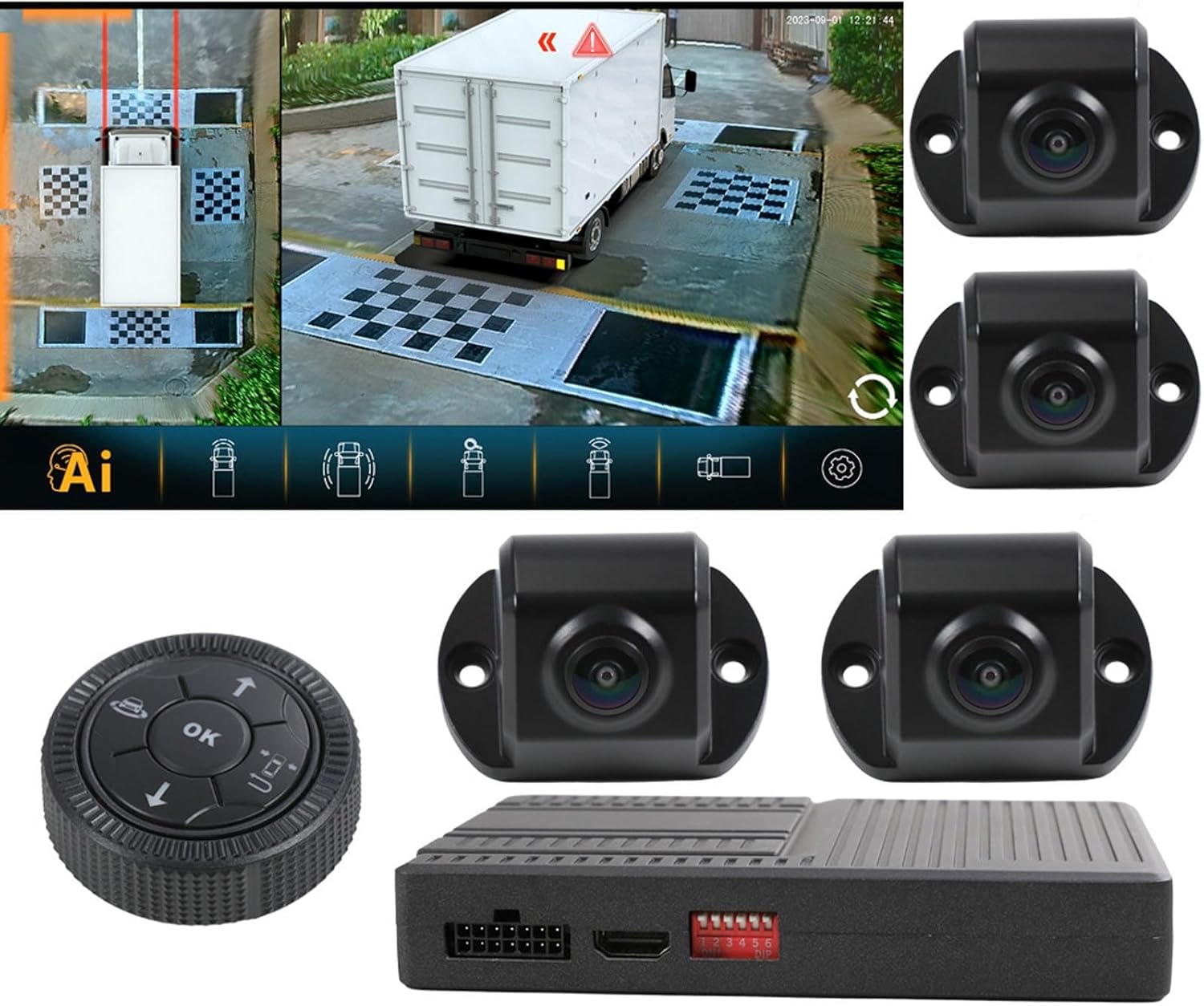 Akozon 360 Degree Panoramic View Camera System High Definition AI Recognition Front Rear Panoramic View All Round Rear View Camera for Trucks