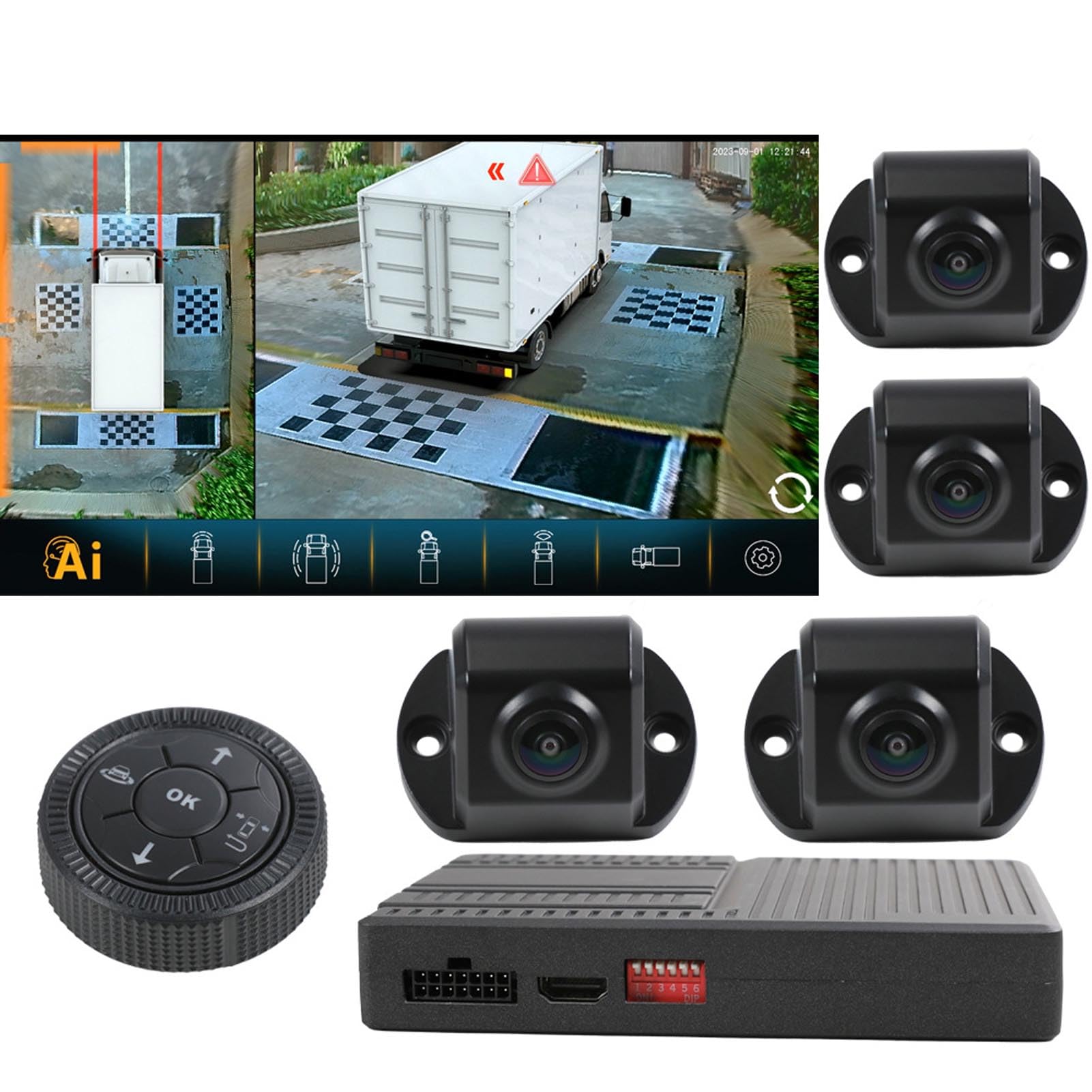 360 -Grad -Panoramaansicht Kamerasystem AI Intelligente Erkennung 4 in 1 HD -Videoaufzeichnung 3.5D 3D 2D Multi View Display mit 4 Kameras für LKWs