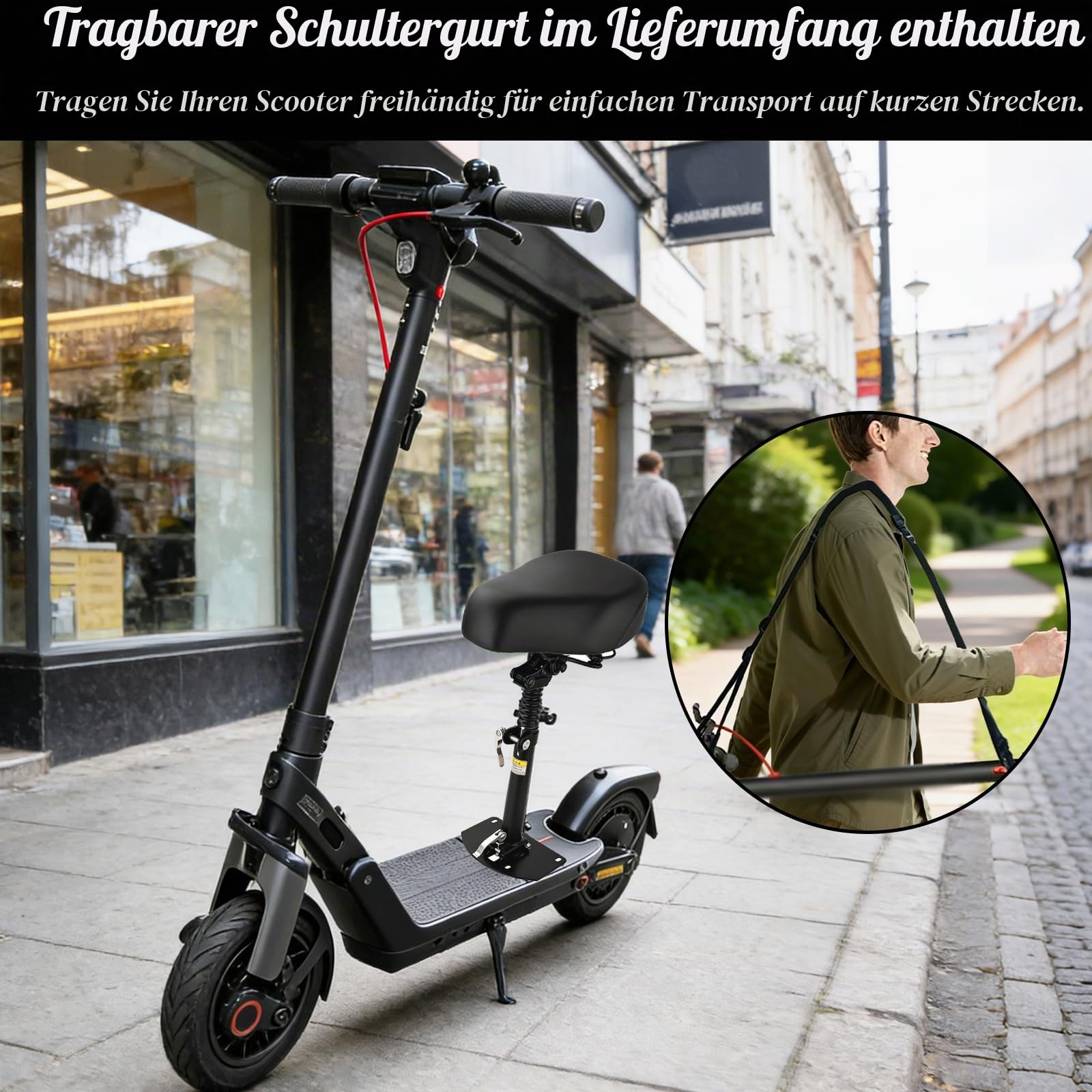 Elektroroller Sitz, 40-55CM höhenverstellbar Klappsitz für Elektroroller, mit Stoßdämpfender Sitzkissen und tragbarer Schultergurt