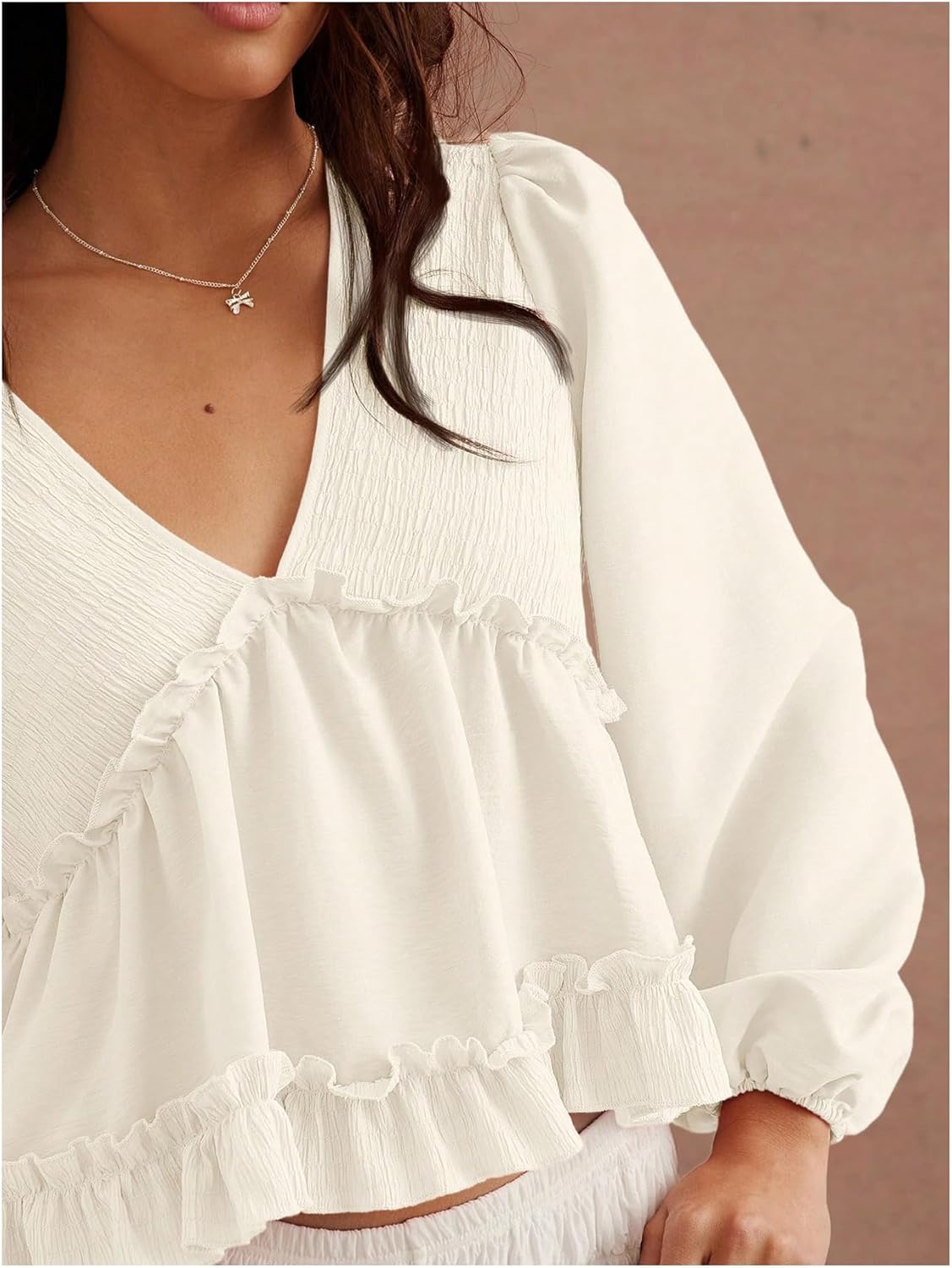 WDIRARA Women's V Neck Long Bishop Sleeve Babydoll Blouse Ruffle Peplum Tops - Image 5