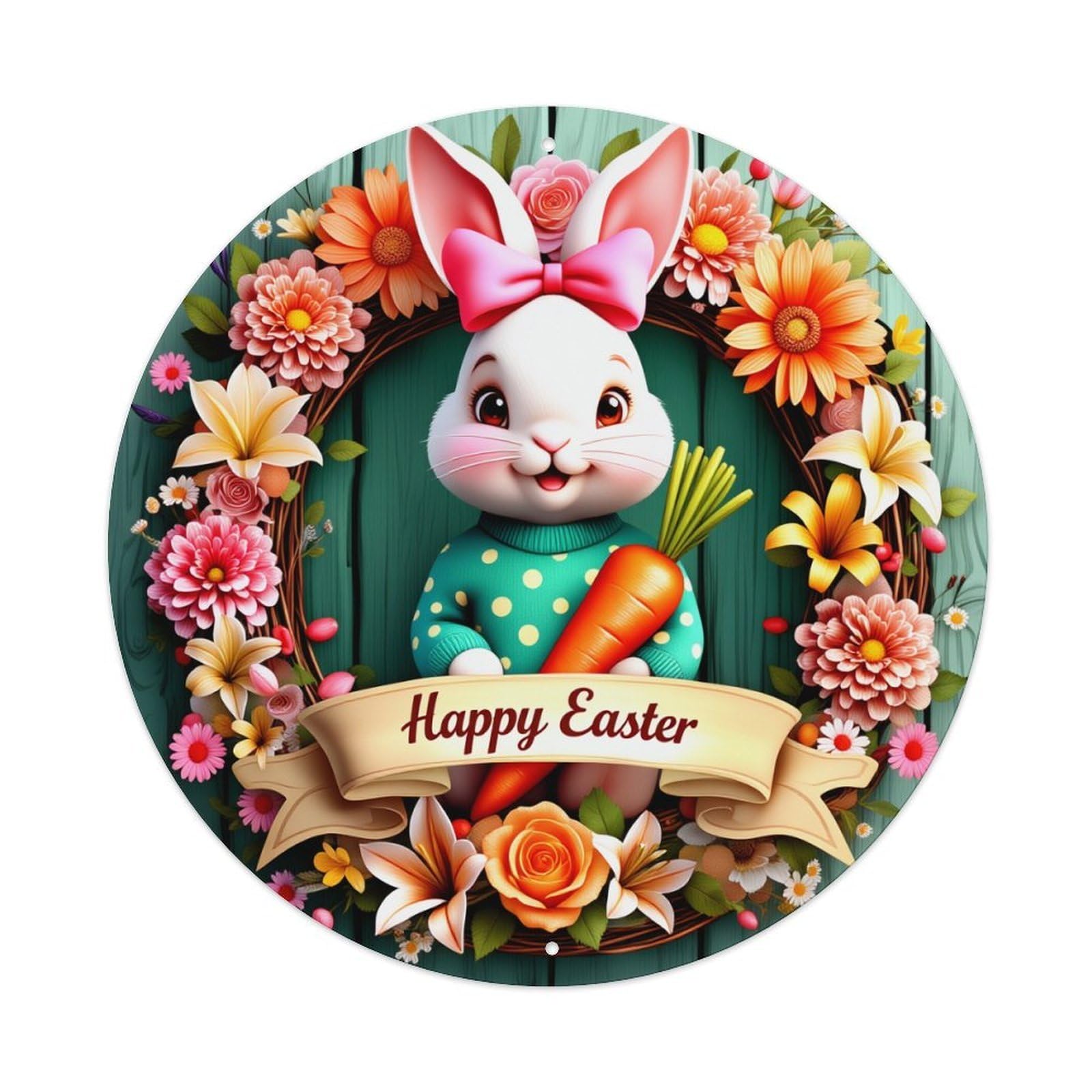 Easter Bunny Floral Wreath Carrot Round Tin Sign Vintage Metal Poster, Home Bar Garage Man Cave Cafe Indoor & Outdoor Wall Decoration 8x8Inches