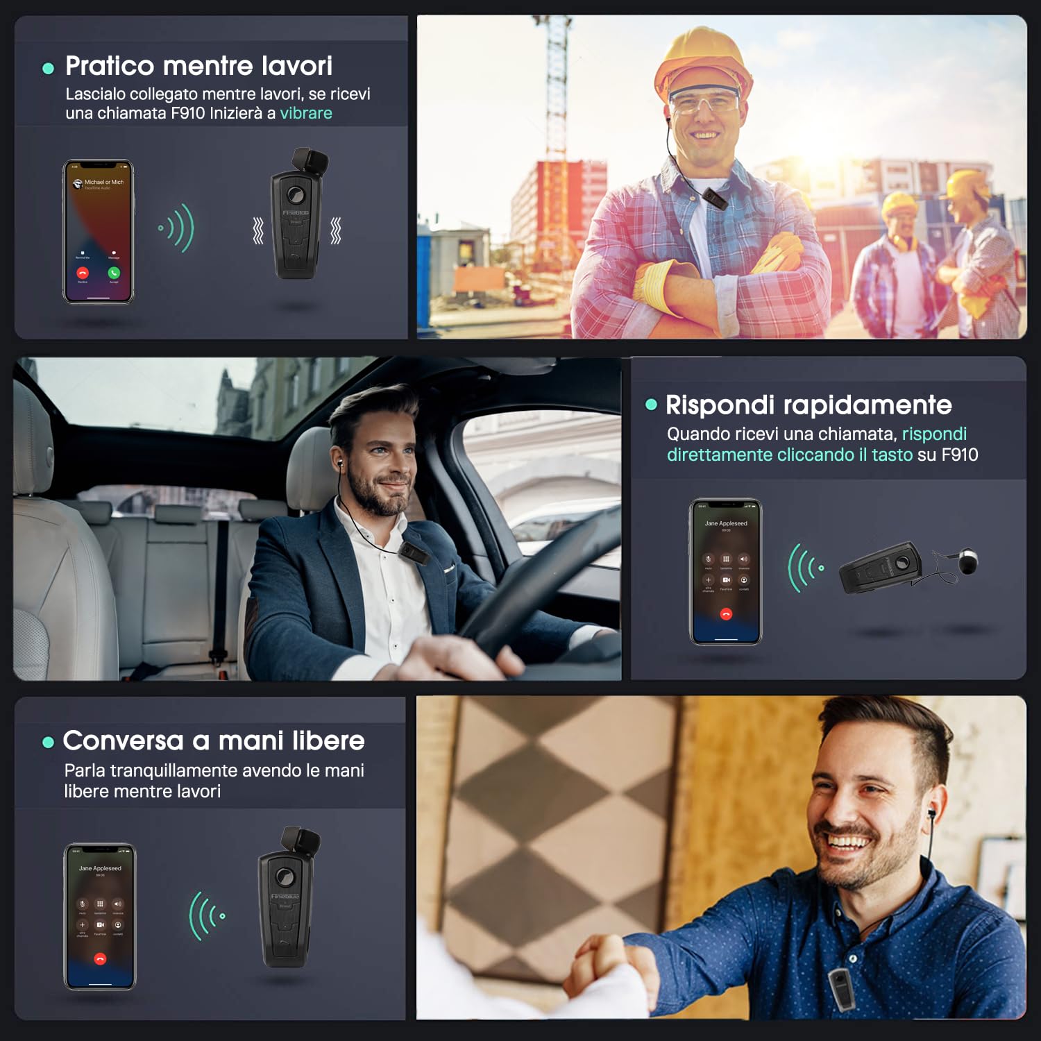 Fineblue F910 Auricolari Bluetooth Smartphone Con Clip Filo Retrattile In Ear Avviso a Vibrazione Microfono Cancellazione Rumore Nero