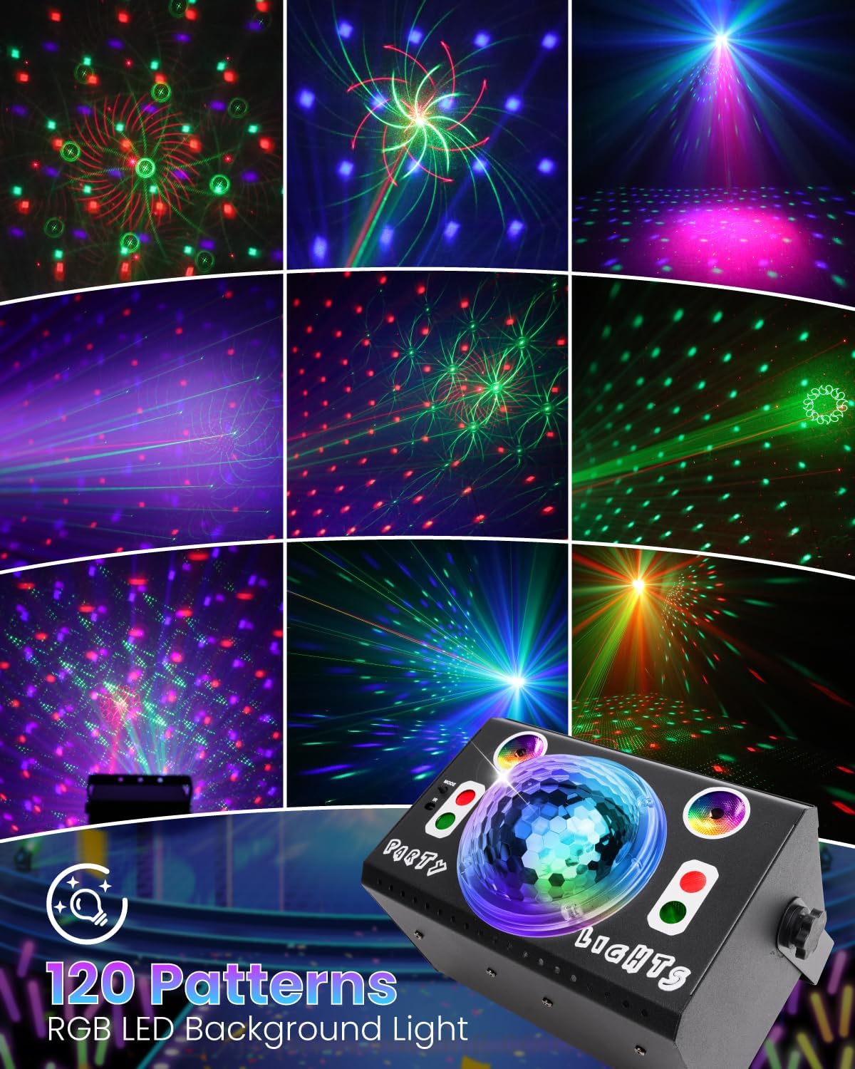 Klarlight Luce Sfera Disco con 4 Lenti RGB per Palco, Luci per Feste DJ 120-in-1 con Telecomando, Stroboscopica Attivata dal Suono per Feste in Casa, Compleanni, KTV, Bar, Matrimoni, Halloween Natale