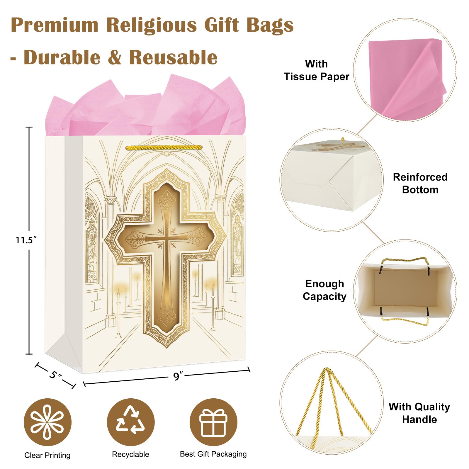 FaCraft Religious Gift Bag with Tissue Paper - Gold Cross First Communion Baptism Gift Bag for Boys Girl Baby Women Men - Catholic Christian Bags with Handle for Christenings Easter Wedding Clergy Day