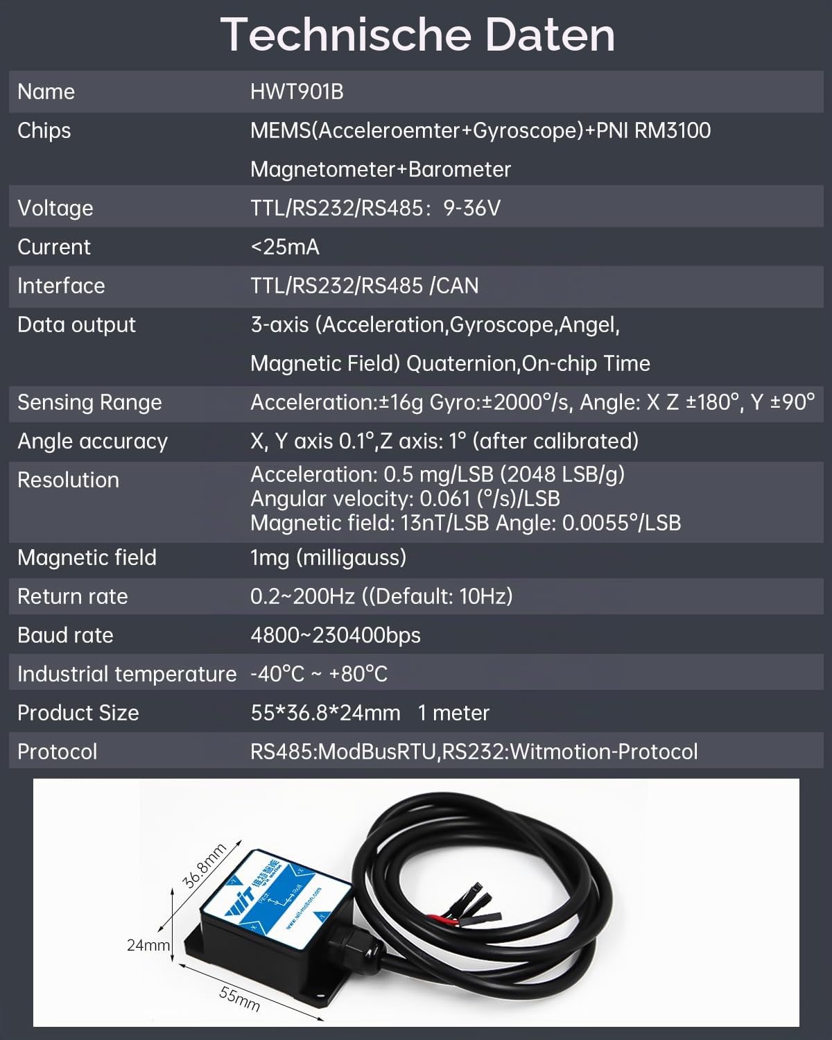 [Hochpräziser 0,1°-Beschleunigungsmesser] HWT901B-RS485 3-Achsen-Beschleunigungsmesser + Gyroskop + Neigungsmesser + Digitalkompass + Luftdruck + Höhe, 9-Achsen-Beschleunigungssensor, IMU-Sensor