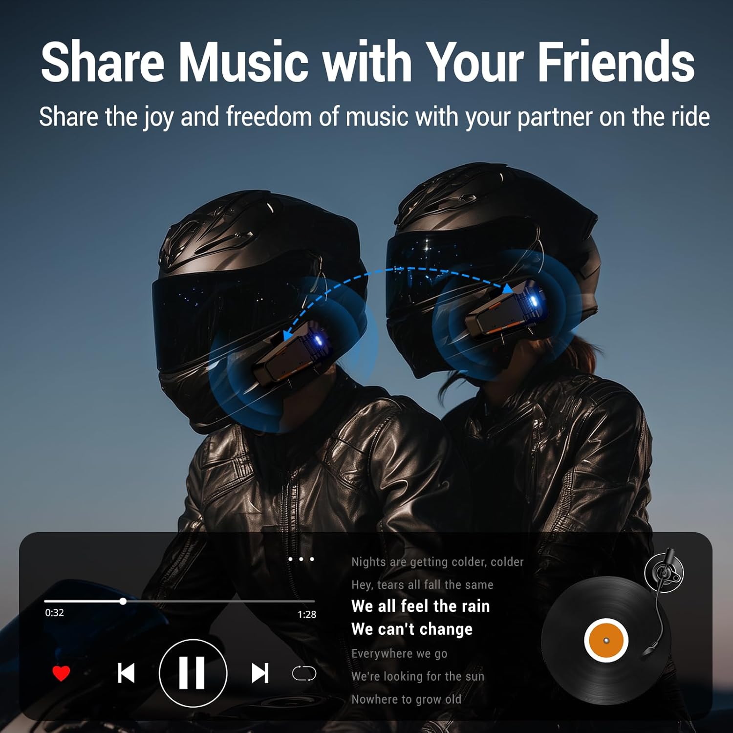 A motorcycle helmet with the EDYELL MBH-C2 headset attached, shown under falling raindrops, with icons indicating waterproof, snowproof, mud-proof, and dust-proof features.