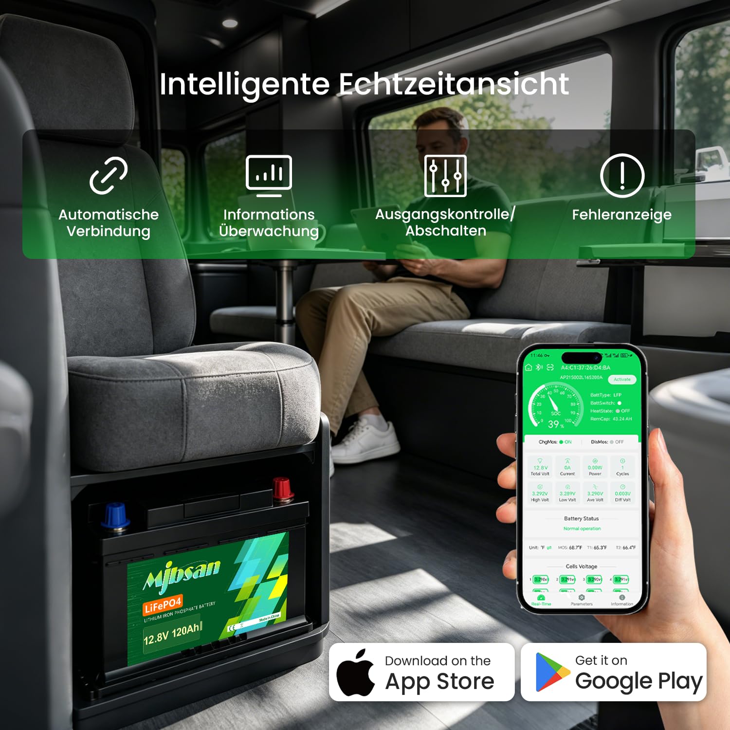 Mjbsan 12 V 100 Ah Deep Cycle LiFePO4 bateria Bluetooth, 100 A BMS, 4000-8000 cykli, maks. moc 1280 W, idealny zamiennik akumulatorów kwasowo-ołowiowych do przyczep kempingowych, na kemping, do