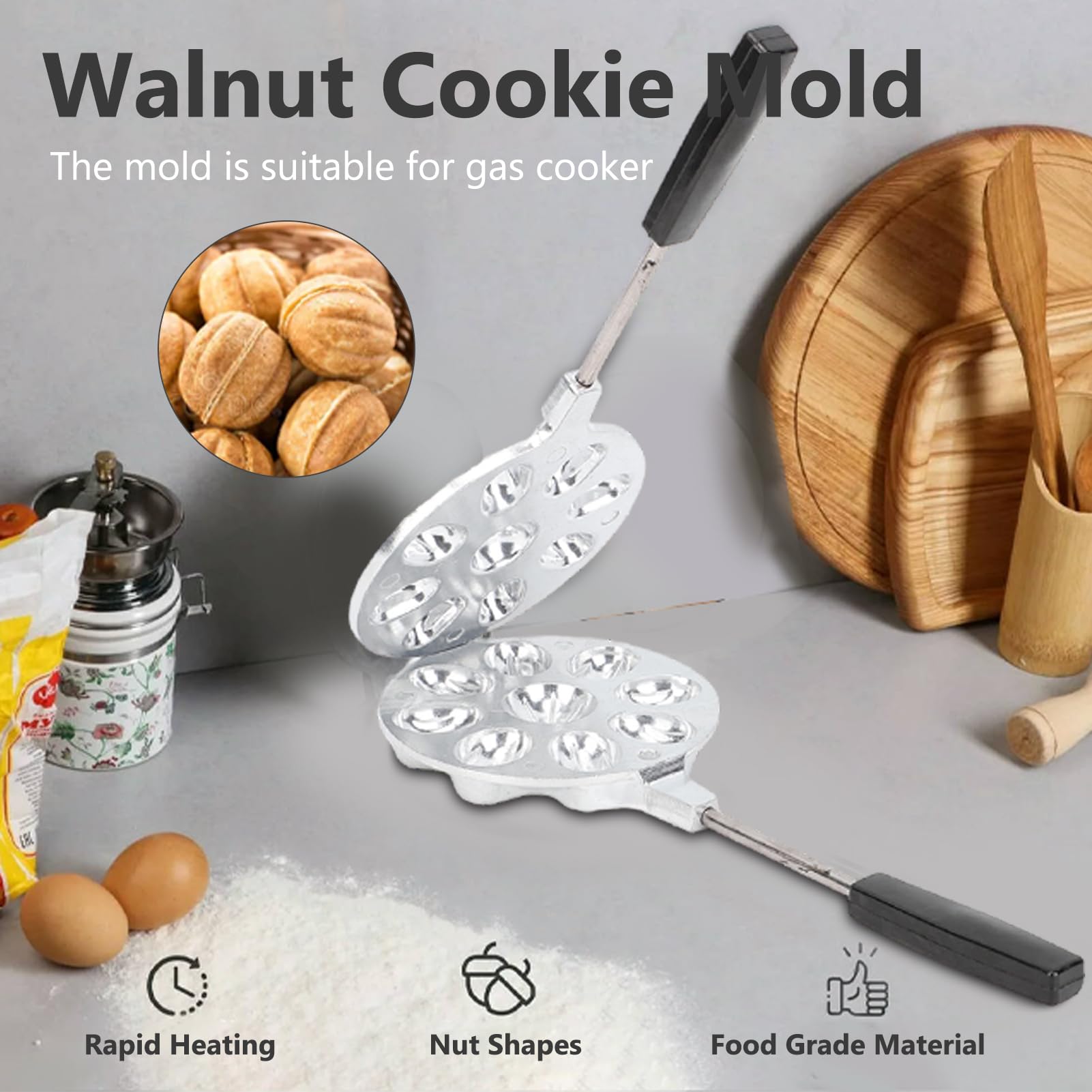 Walnut Cookie Maker, 9 Nuts Oreshki Maker Metal Walnut Cake, Nut Cookie Shaped Molds, Suitable for Gas Stove, Detachable Baking Pan (Metal Oreshki Maker)