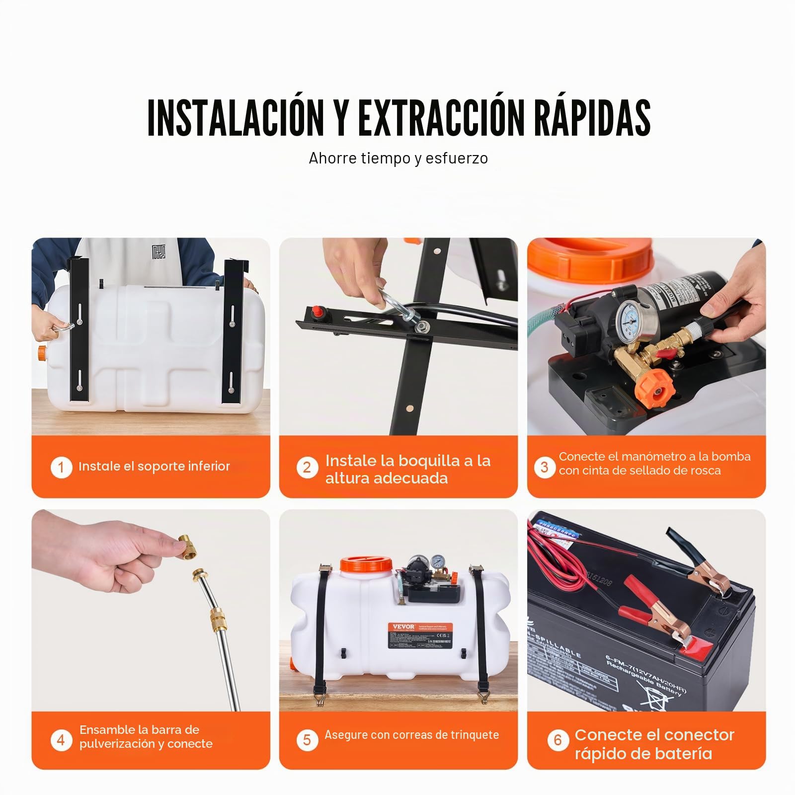 VEVOR Pulverizador para ATV UTV 60 L 12 V Bomba Pulverizador de Malezas para Jardín con Tanque de Agua, Rampa de Boquilla, Manguera de 6,1 m, Flujo de Bomba 7 L/min Presión Ajustable 0-72 PSI, Blanco