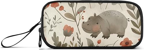 Estuches de nailon para estudiantes universitarios, lindas acuarelas hipopótamo, flores, marrón, caqui, gran capacidad, con cremallera, estuche
