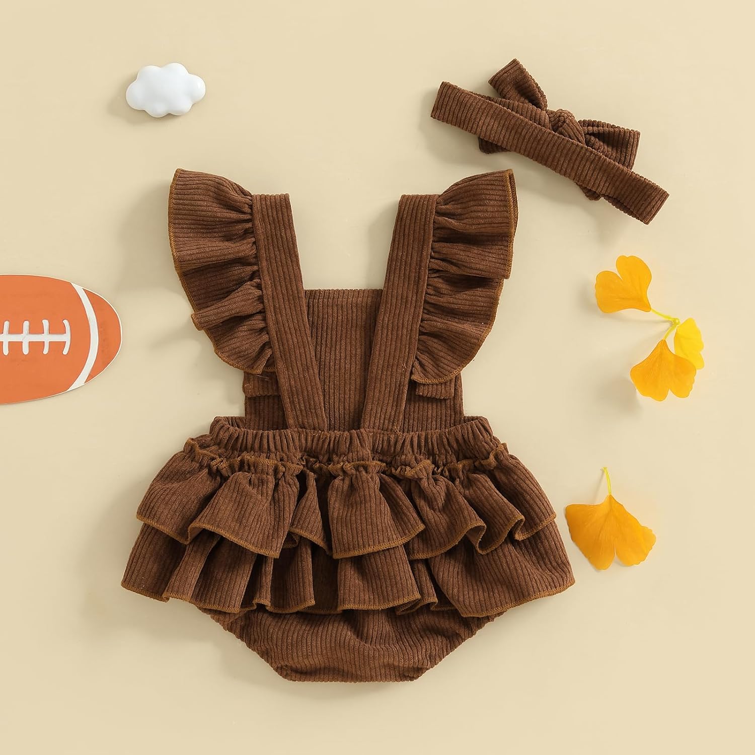 Football Baby Girl Outfit Embroidery Football Romper Ruffle Sleeve Corduroy Bodysuit Overalls Game Day Clothes - Image 4