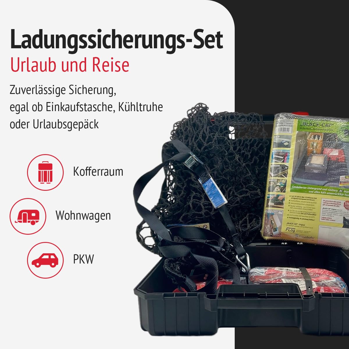 8-teiliges Set zur Ladungssicherung für Urlaub und Reise | Enthält Spanngurte, Netz zur Ladungssicherung, Antirutschmatte | Sicherheit in Auto, Wohnmobil, Camper | Dachboxen geeignet
