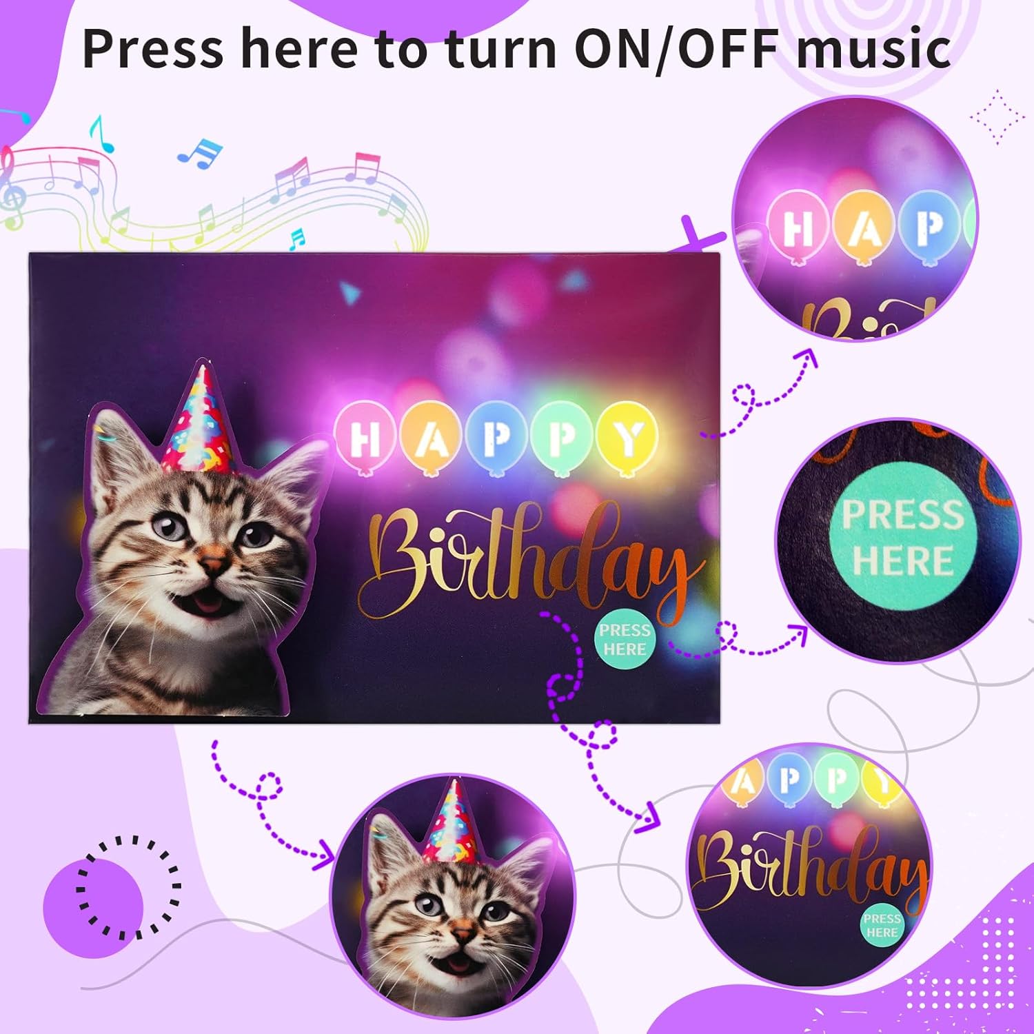 Birthday Cards, Cat Birthday Card with Lights and Music, Funny Gifts for Women Men Cat Lovers Mom or Dad - Image 4