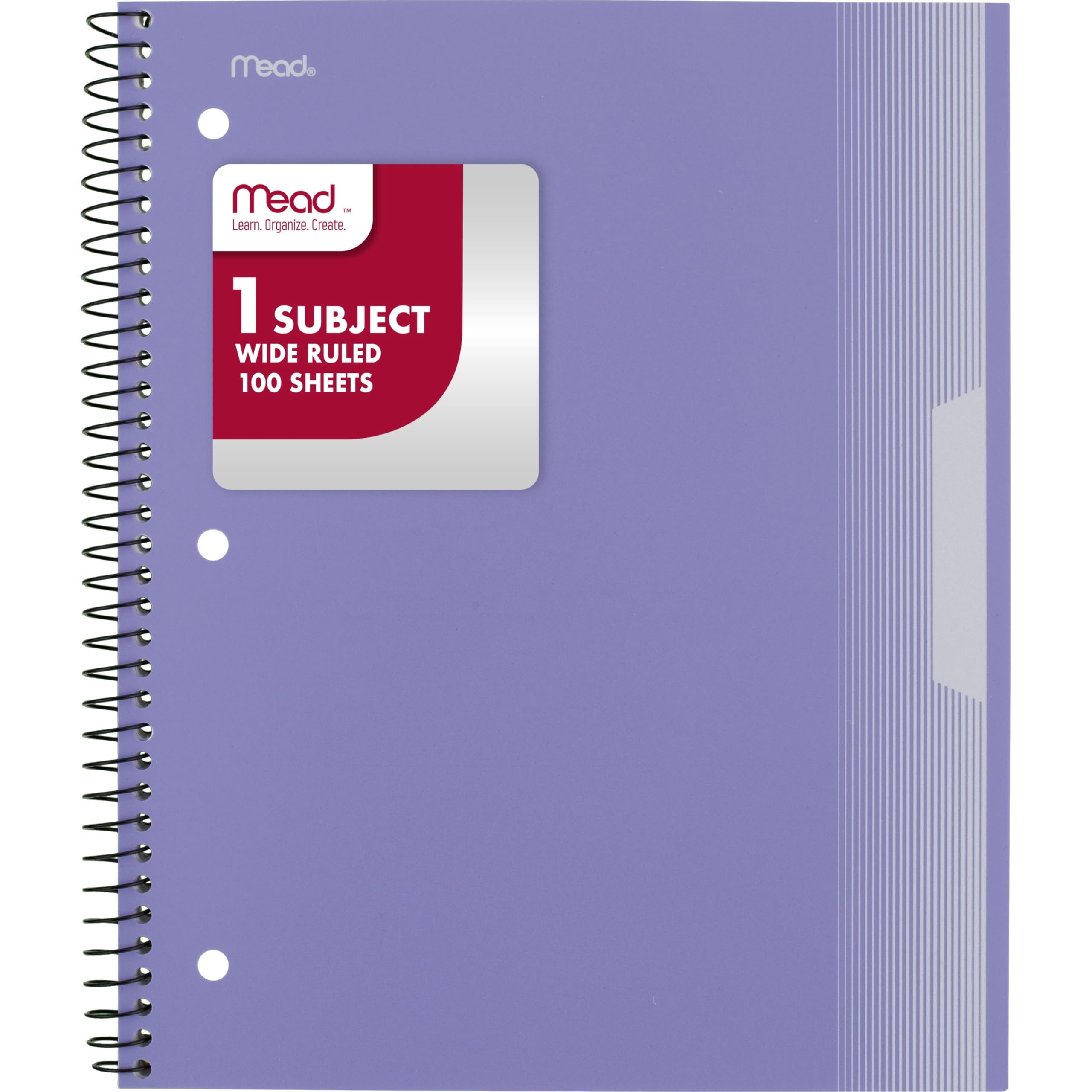 Spiral Notebook, 1 Subject, Wide Ruled Paper, Plastic Cover, 8" x 10-1/2", 100 Sheets, Pastel Lilac (930092D)