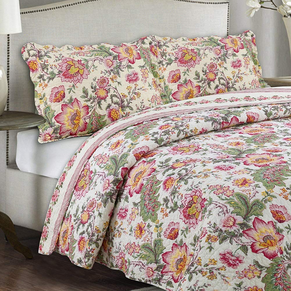 SSHFFDD 3 Piece Floral Quilted Patchwork Bedspread – 240 x 260cm Comforter Reversible Throw Set with 2 Pillowcases