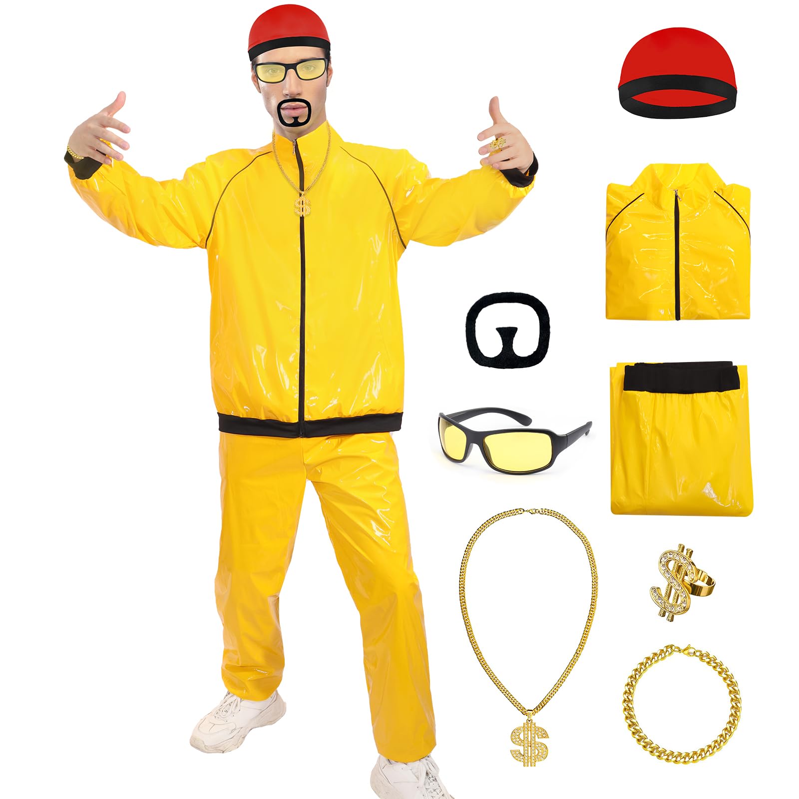 shengo 90s Rapper Costume, Adults Yellow & Black Shell Suit 90s Fancy Dress Costumes for Men, Matching Red Hat Sunglasses Dollar Chain Black Goatee for Halloween Carnival Stag Do Party