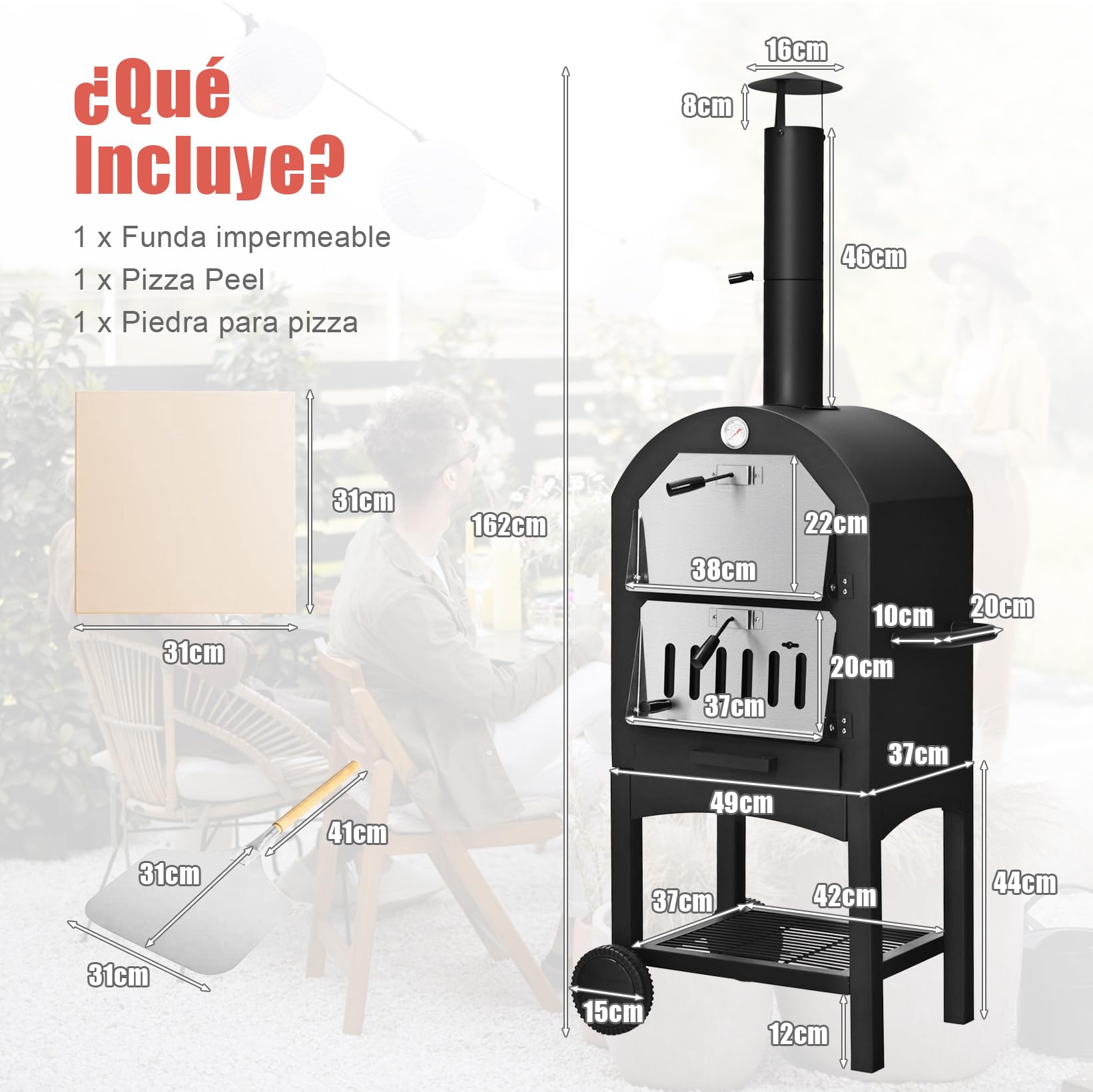 GOPLUS Horno de Pizza al Aire Libre con 31cm de Piedra y Termómetro Doble, Horno para Pizza con 2 Ruedas y Funda Impermeable, Calentador de Pizza con Mango Ergonómico para Picnic, Hasta 350ºC