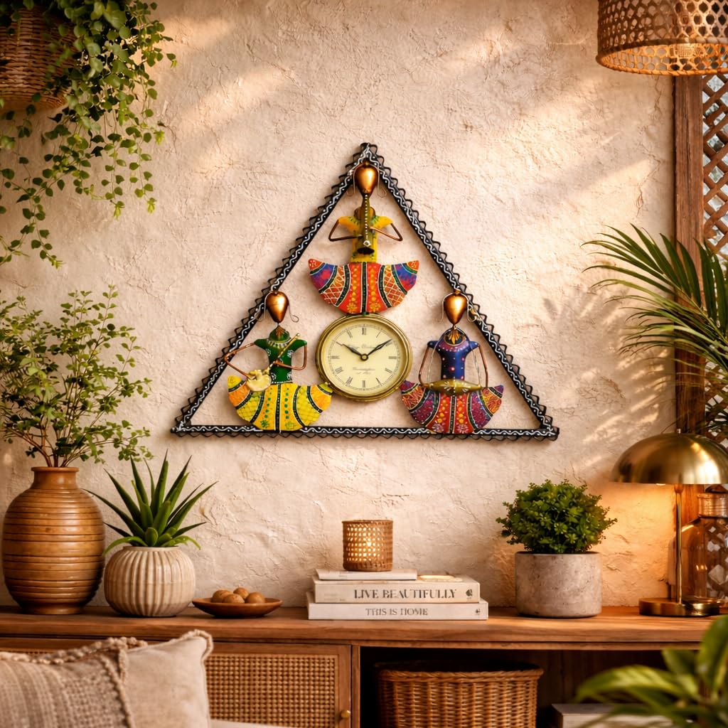 ROYAL CRAFTS Handcrafted Tribal Musician Wall Clock Metal Triangle Frame Decorative Wall Hanging with Traditional Art Design for Living Room Home Décor Multicolor 4
