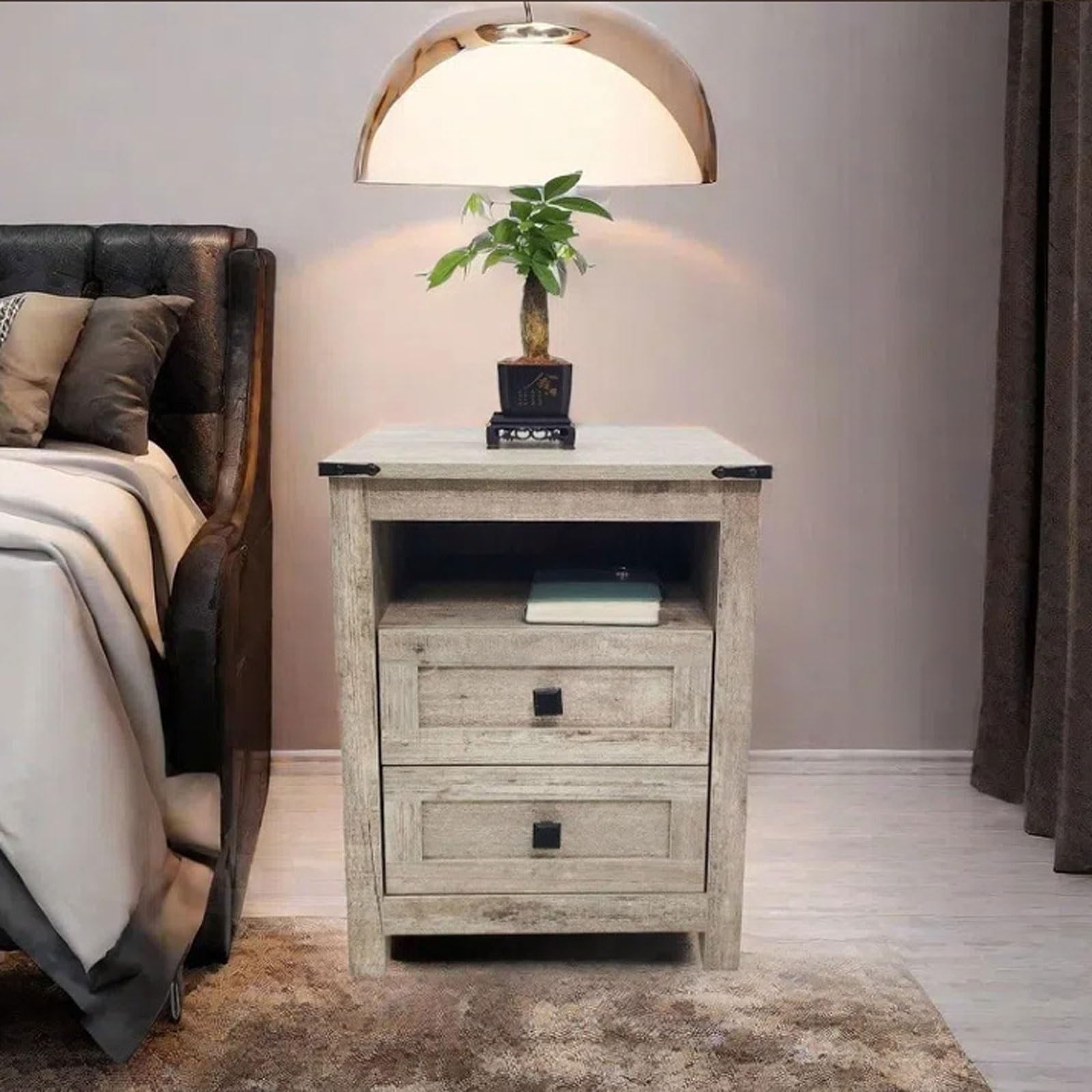 TABOJS Table de Chevet en Bois avec Prise USB 2 tiroirs Compartiment de Rangement Ouvert, adaptée à la Chambre à Coucher, au Bureau au Salon