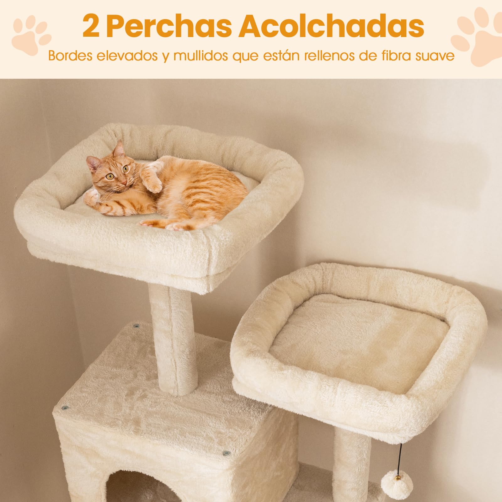 COSTWAY Árbol Rascador para Gatos de Varios Niveles, Torre de Escalada para Gatitos con 2 Condos, 2 Perchas de Terciopelo, Postes de Sisal y Cuerda, Juguetes Colgantes, Plataformas Múltiples,Beige