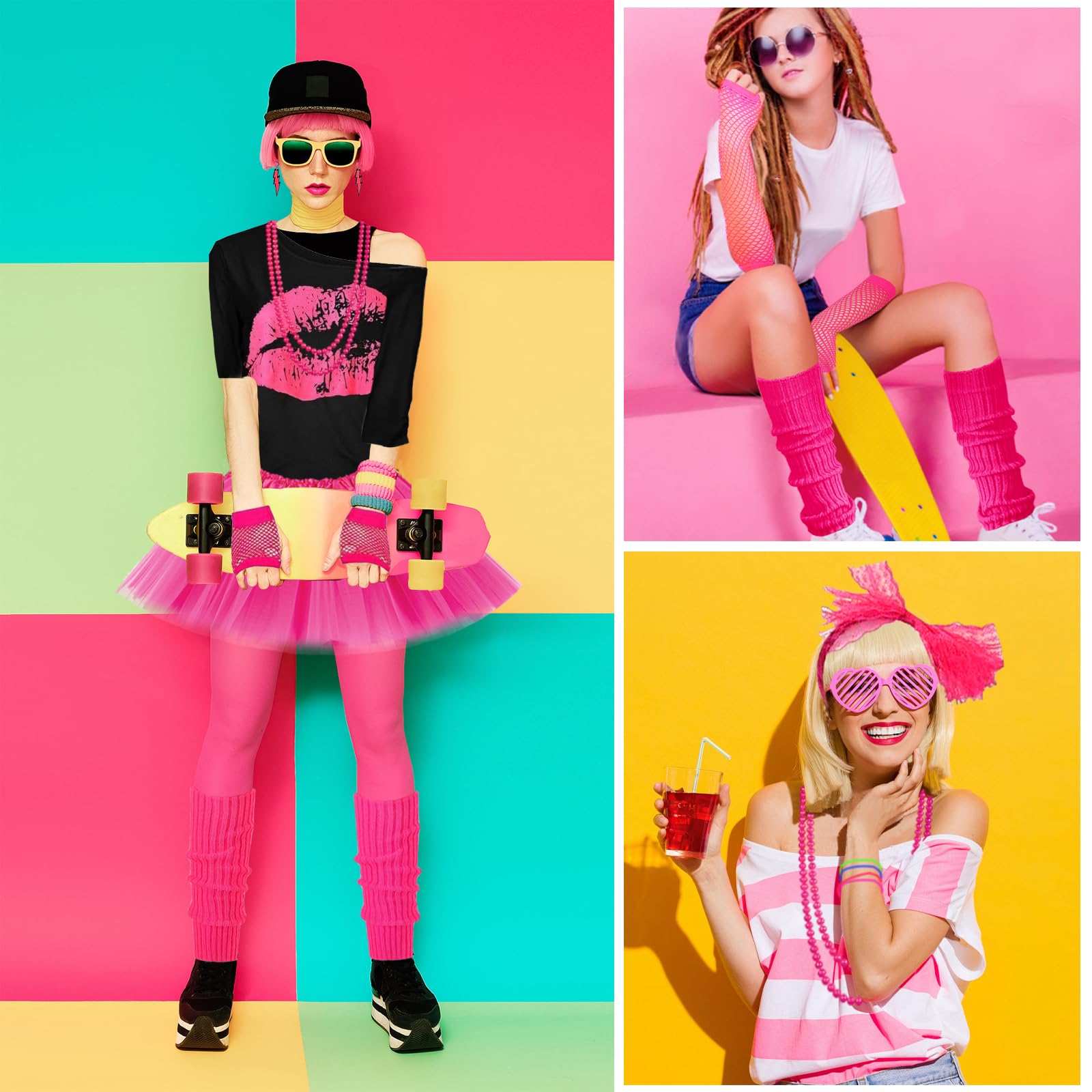 YOUYIKE Disfraz Años 80 Mujer Accesorios S/M/L/XL/XXL,Camiseta, Riñonera, Tutú, Diadema, Collar, Pendiente, Ropa Años 80 Disfraz Carnival Christmas Halloween Cosplay
