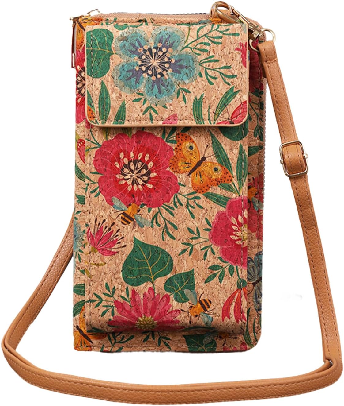 Small Phone Shoulder Bag, Cork Women's Phone Wallet with Card Slots, Shoulder Strap, For Cell Phones less than 6.9"